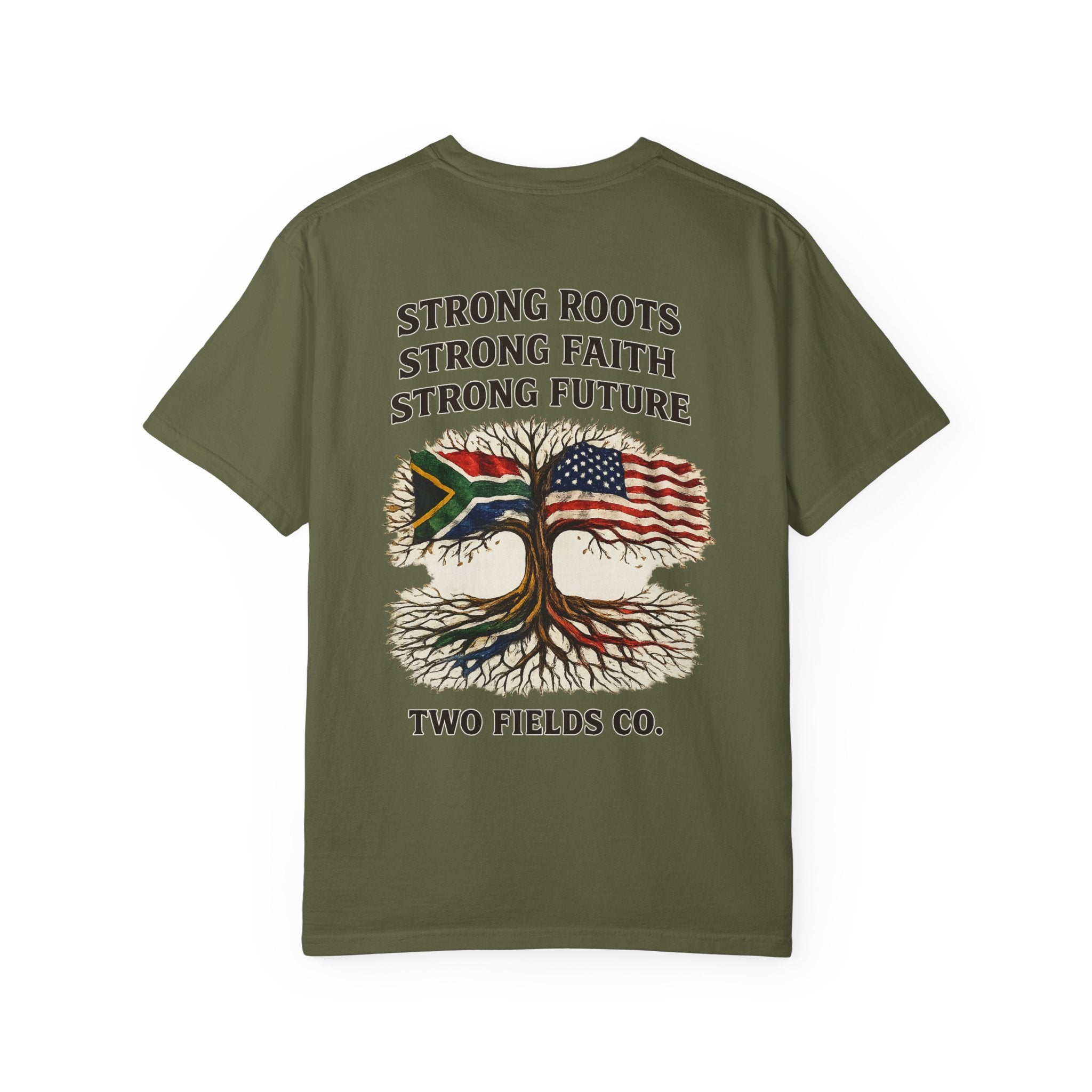 Olive green t-shirt front graphic with tree and flags plus “STRONG ROOTS” text