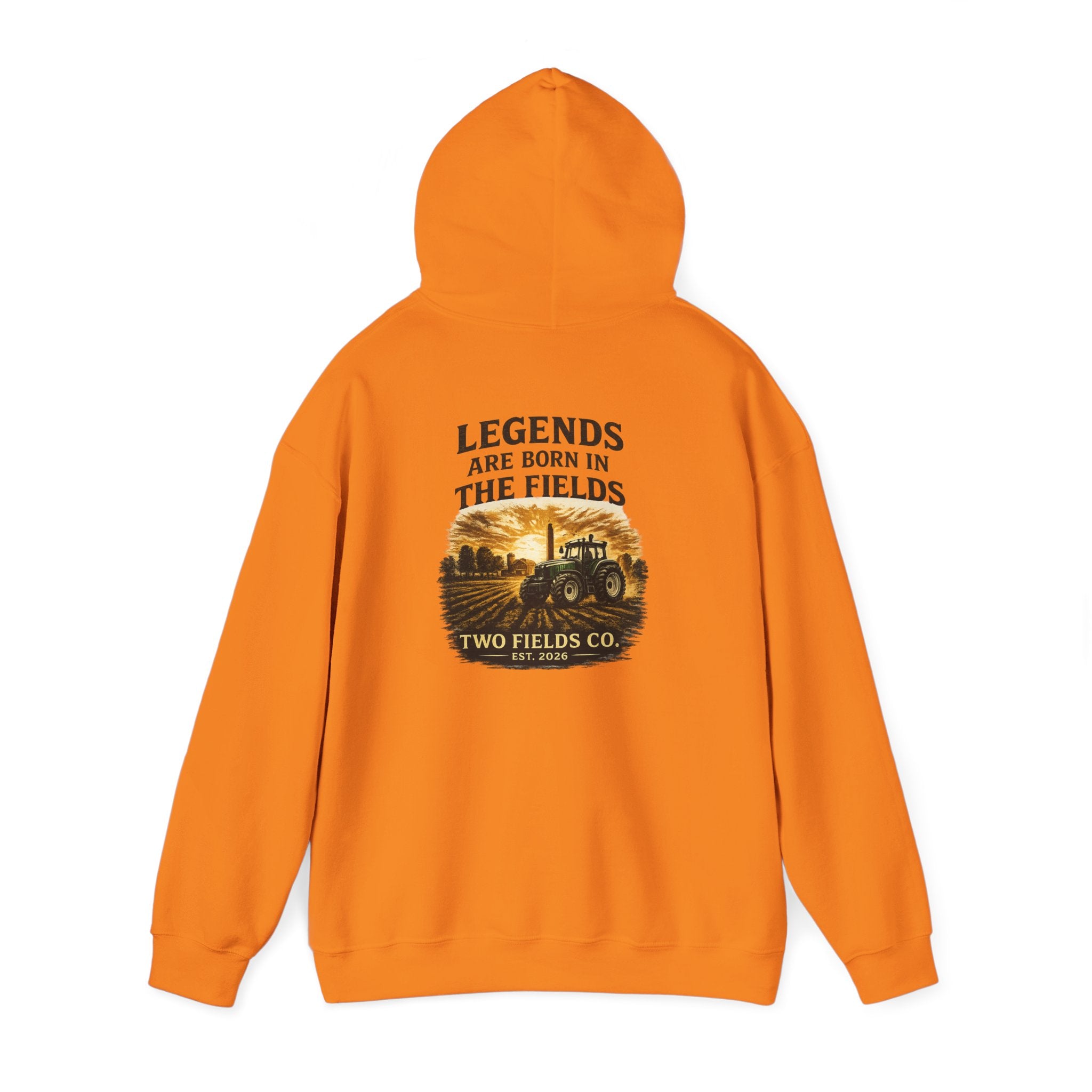 Two Fields orange hoodie with large back print: legends are born in the fields