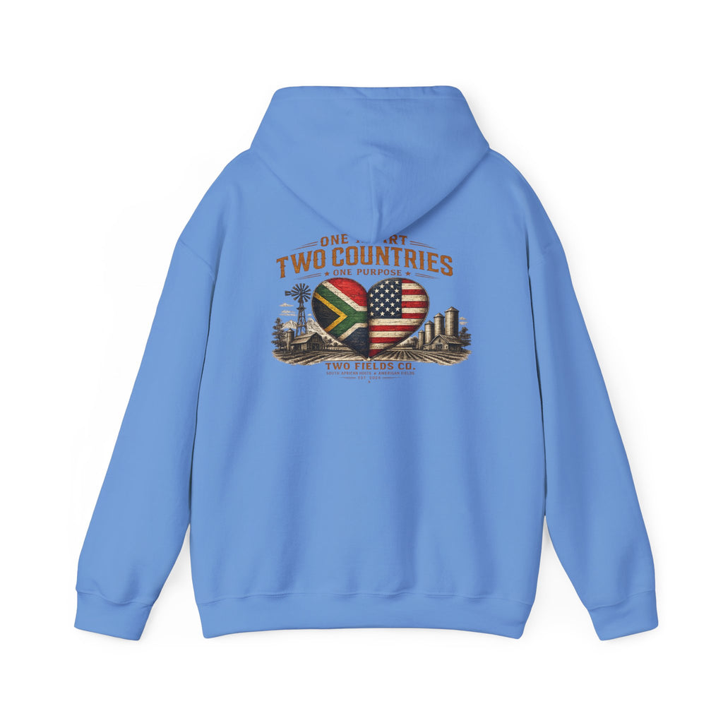 Light blue pullover hoodie with drawstring hood and large back graphic