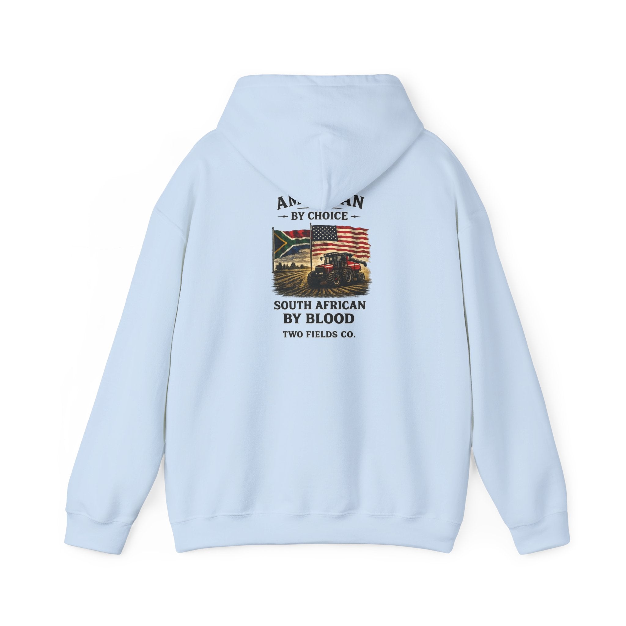 Light blue pullover hoodie with front graphic and drawstring hood