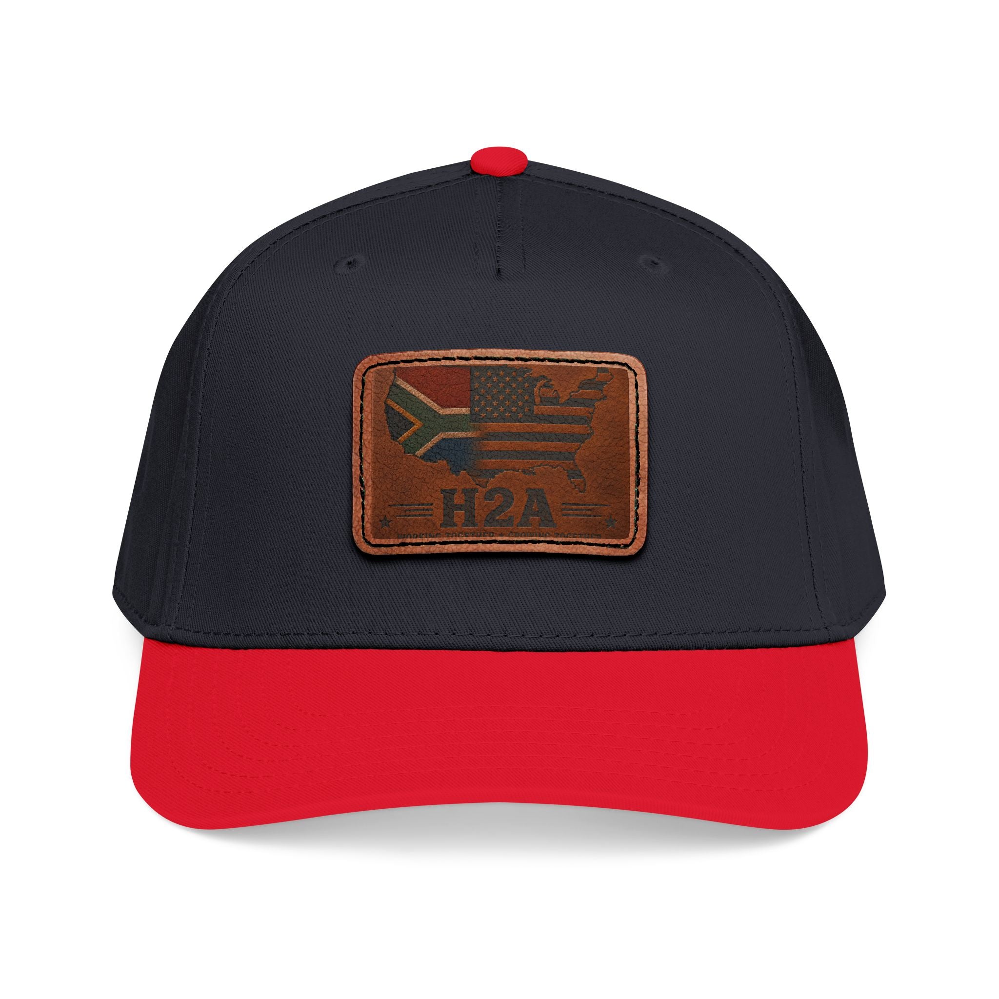 Black and red baseball cap with rectangular H2A flag leather patch on front