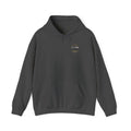 Charcoal gray hoodie with hood and front pocket, small chest logo graphic