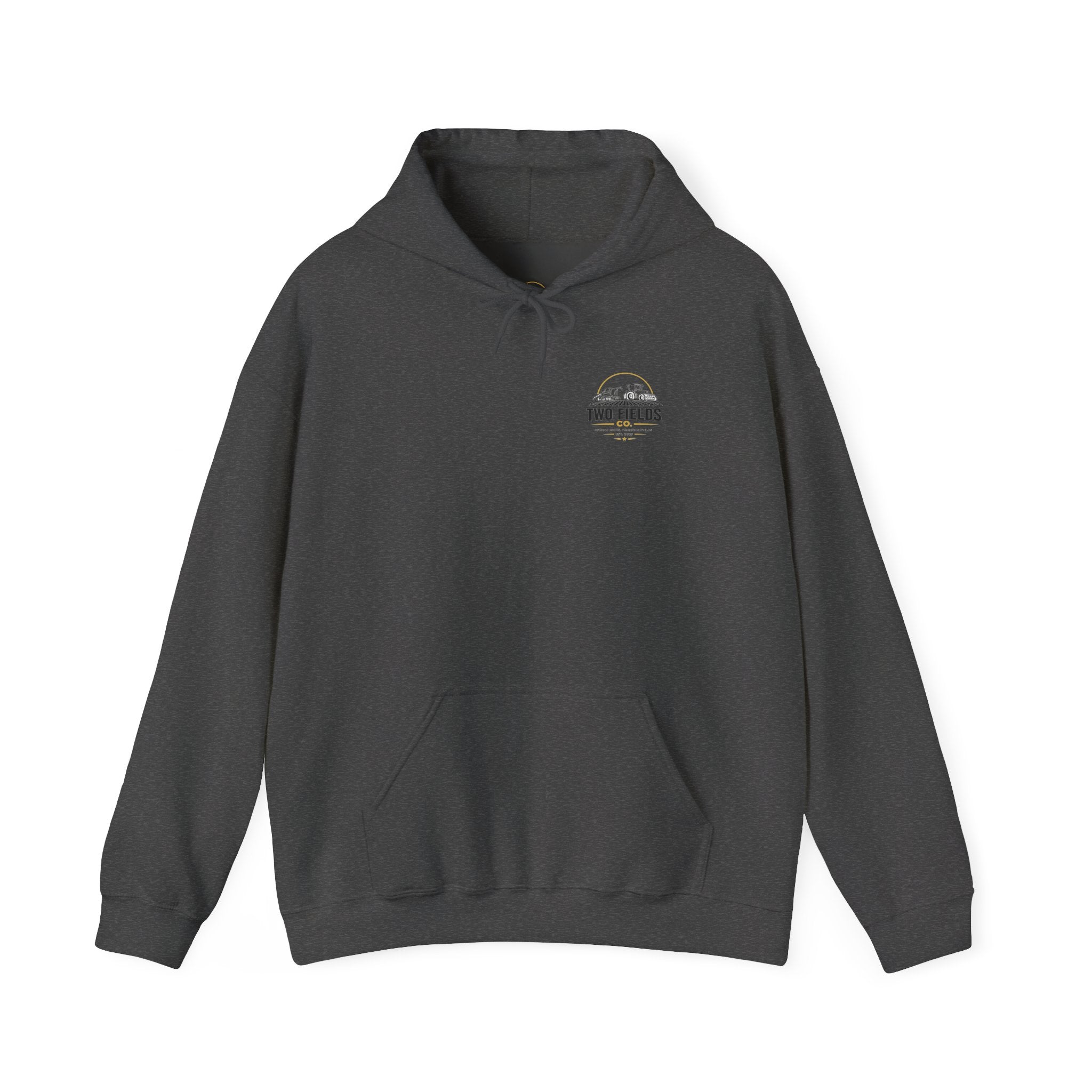 Charcoal gray hoodie with hood and front pocket, small chest logo graphic