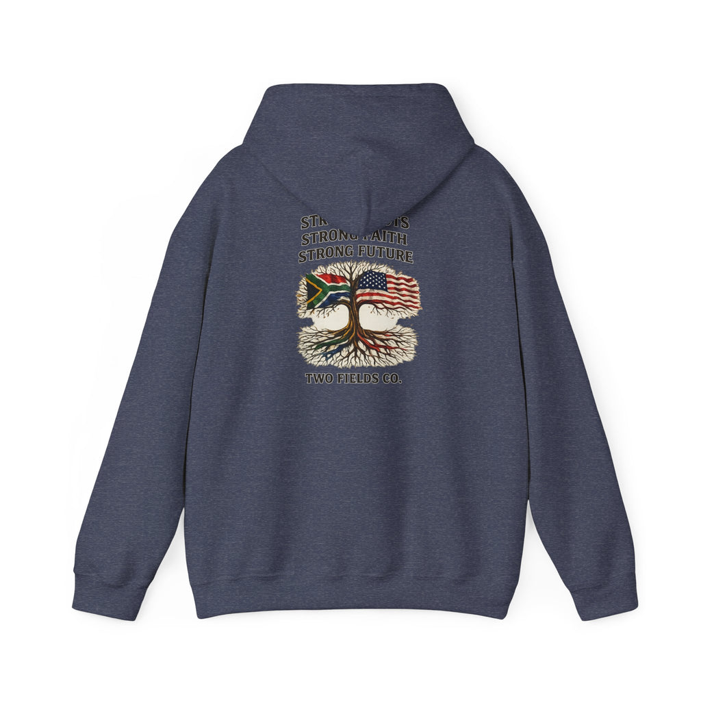 Heather navy pullover hoodie with hood, centered tree and slogan graphic on back.