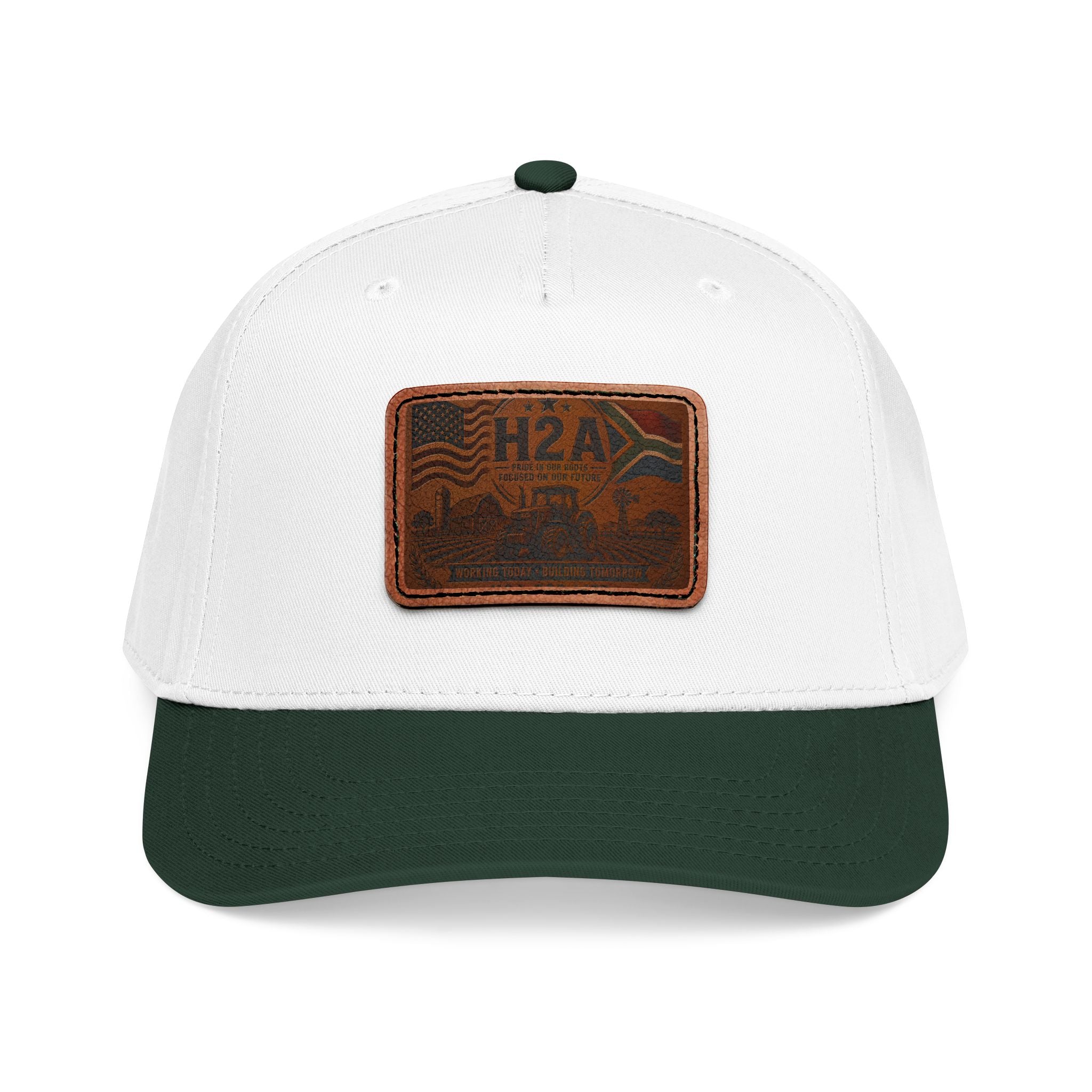 White leather patch baseball cap with H2A rectangular patch, dark green brim