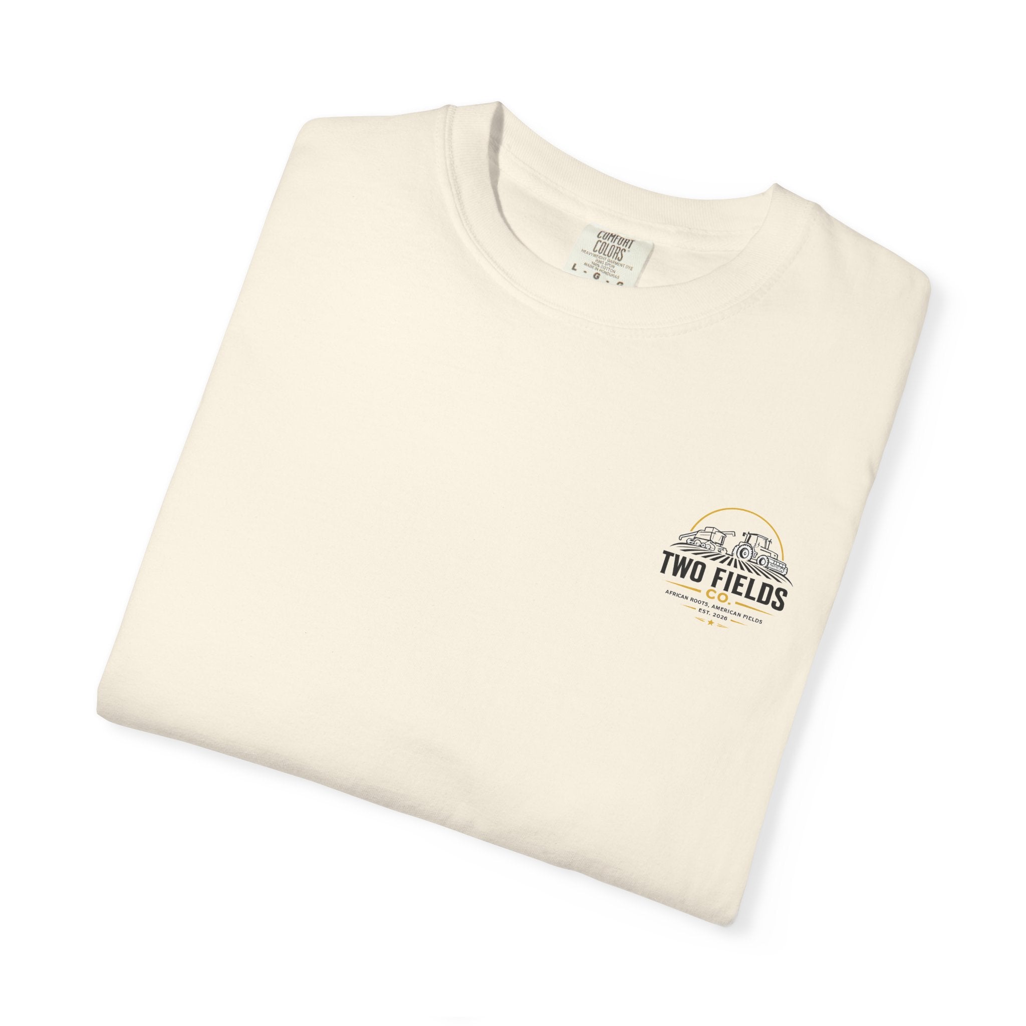 Ivory graphic t-shirt folded flat with small chest Two Fields logo