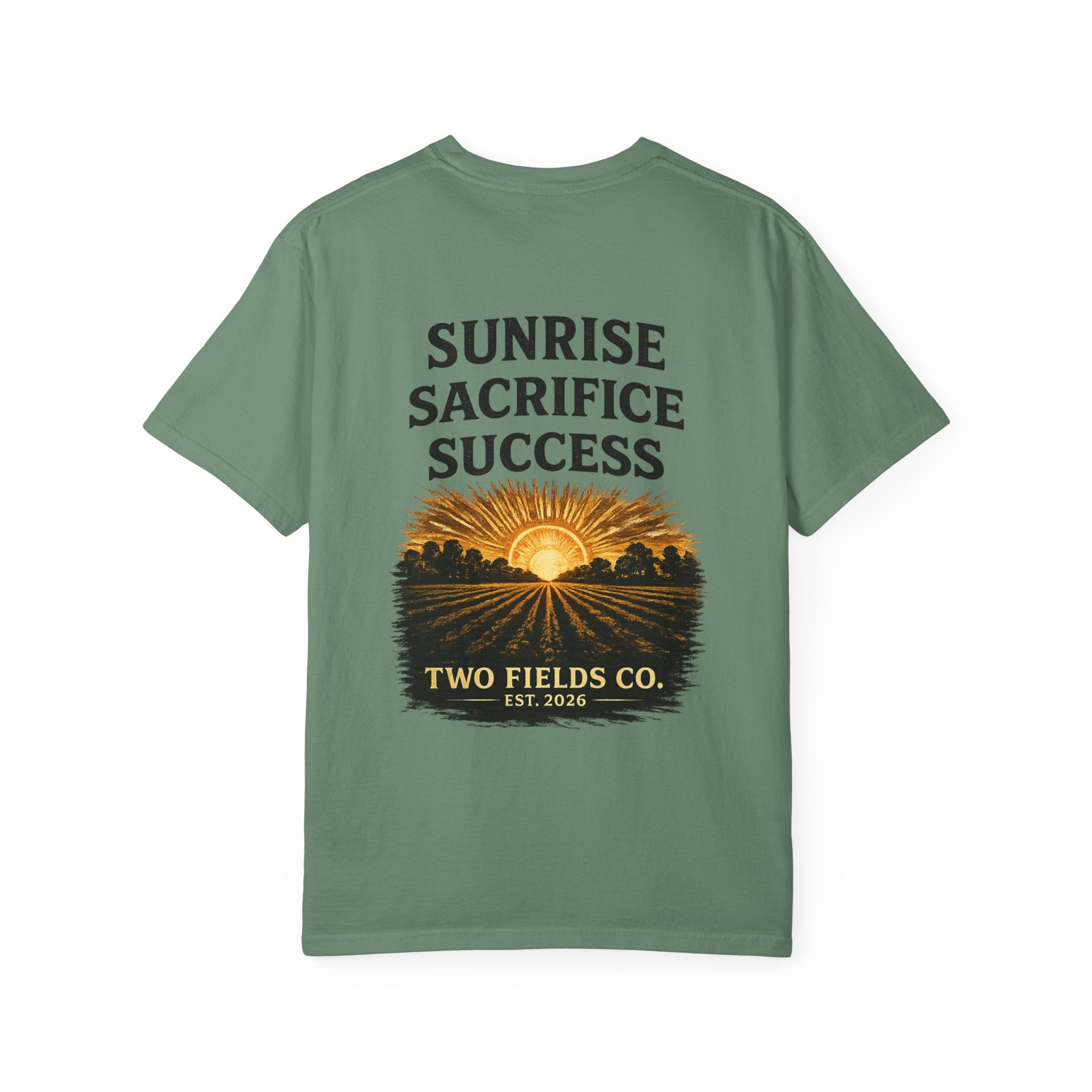 Olive green T-shirt with Sunrise Sacrifice Success sunrise graphic and Two Fields Co badge
