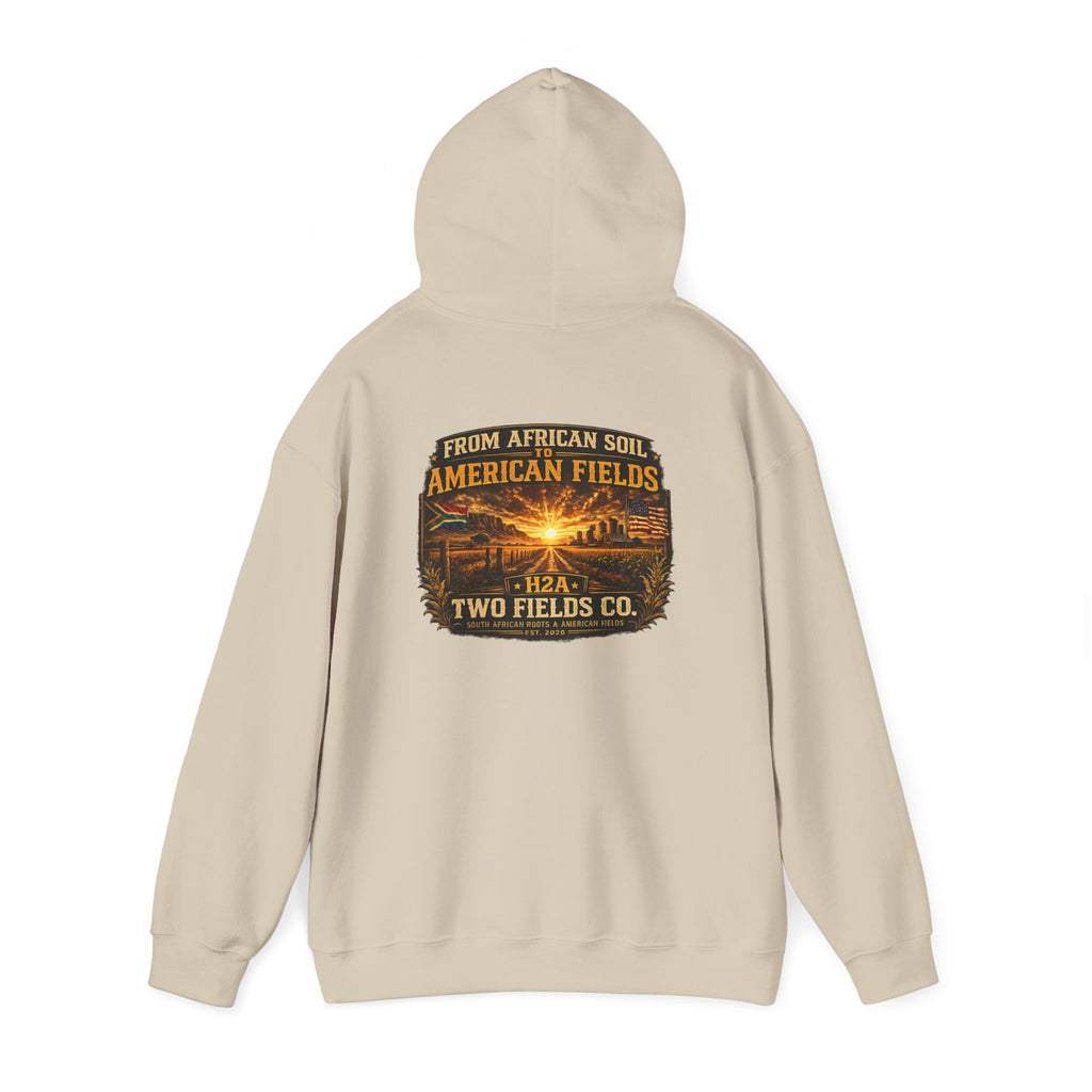 Cream pullover hoodie with vintage logo graphic on the back