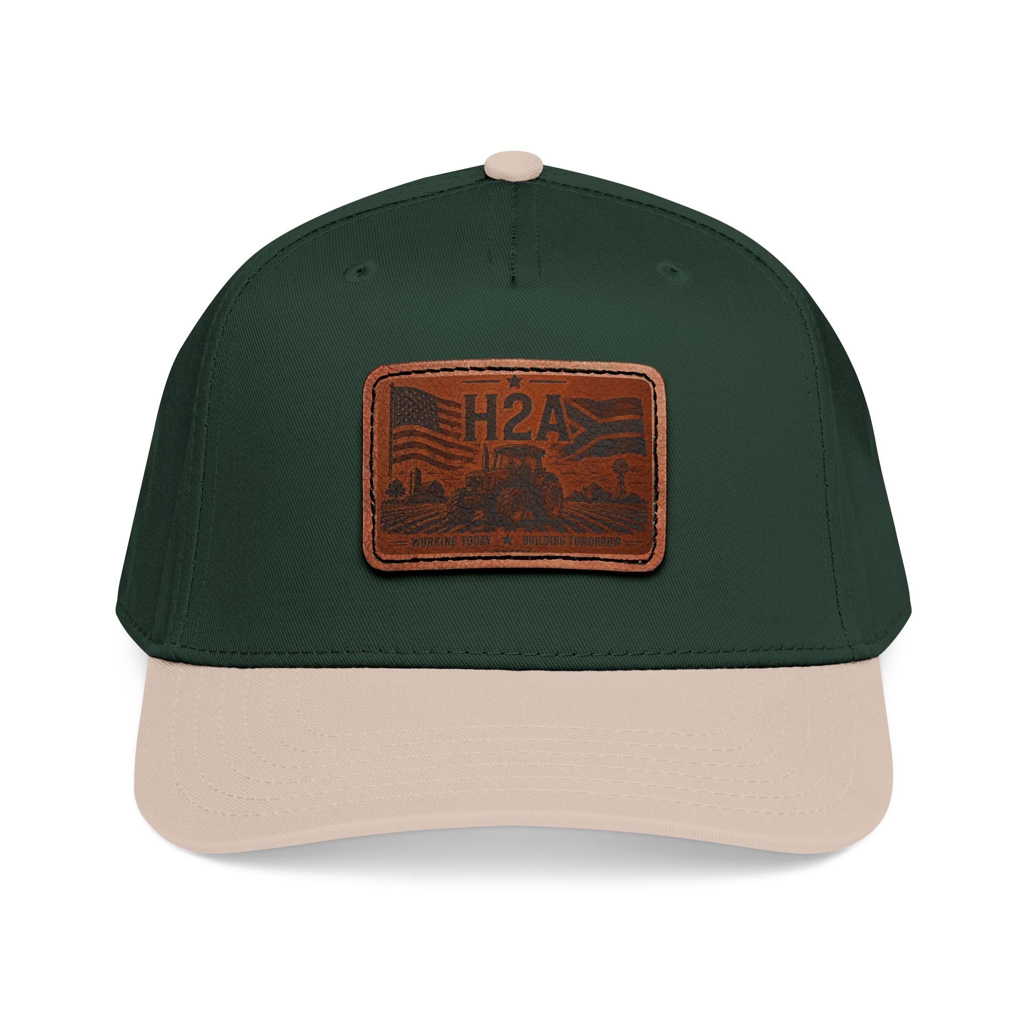 Green and light tan baseball cap with rectangular H2A leather patch