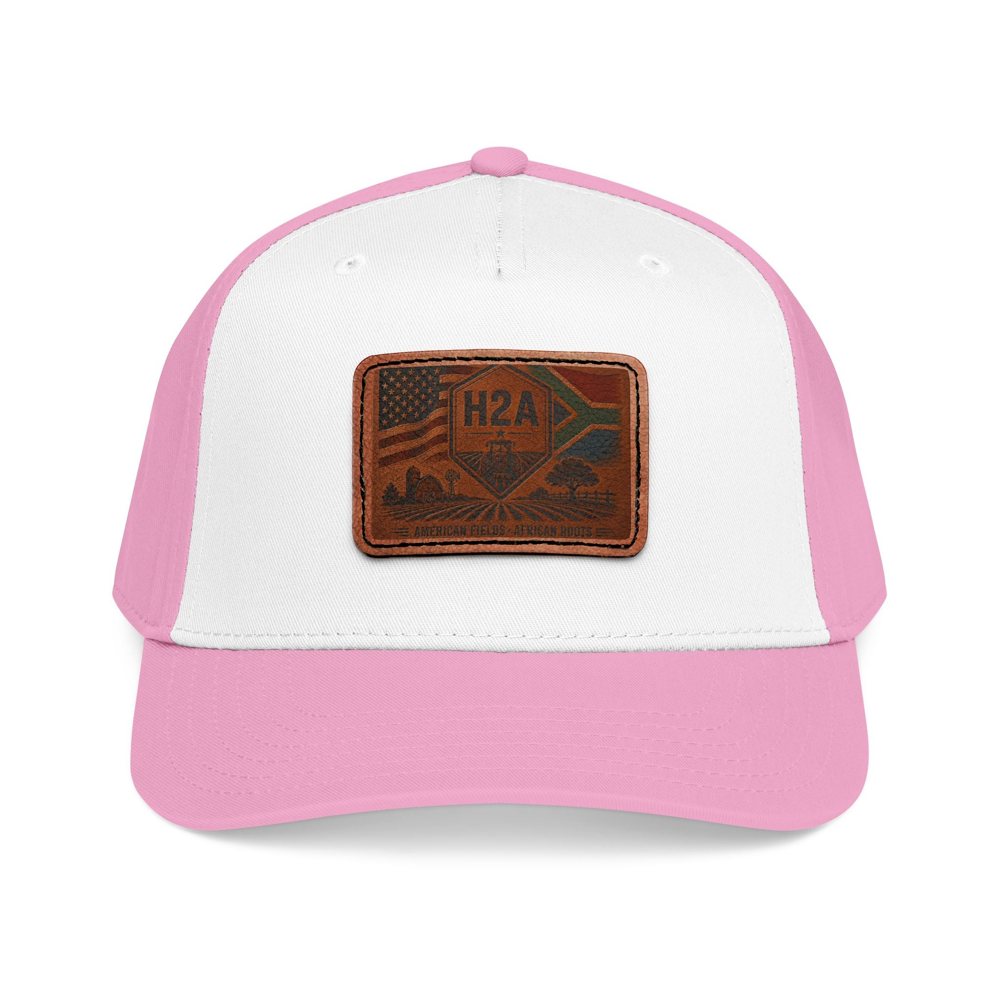 Pink baseball cap with rectangular H2A leather-look patch on front