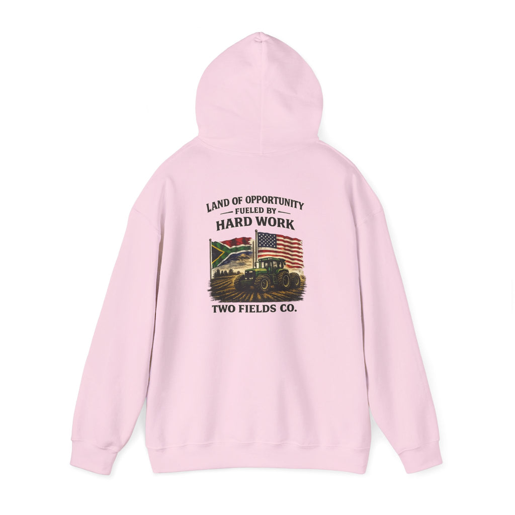 Pink vintage tractor hoodie with hood up and back logo graphic with US flag print