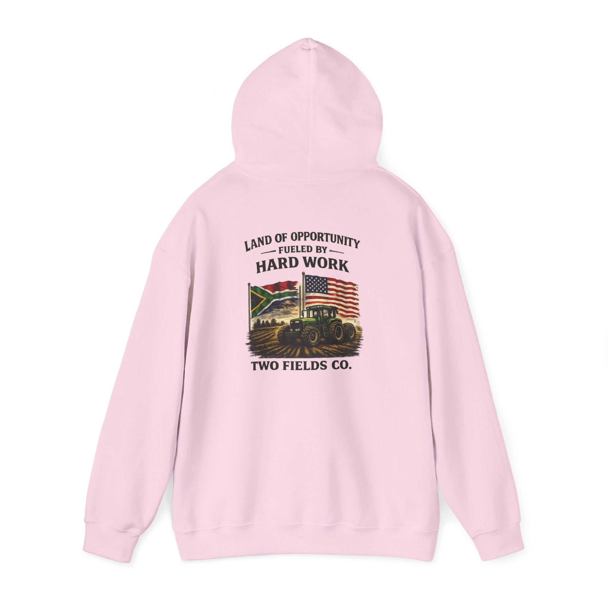Pink vintage tractor hoodie with hood up and back logo graphic with US flag print