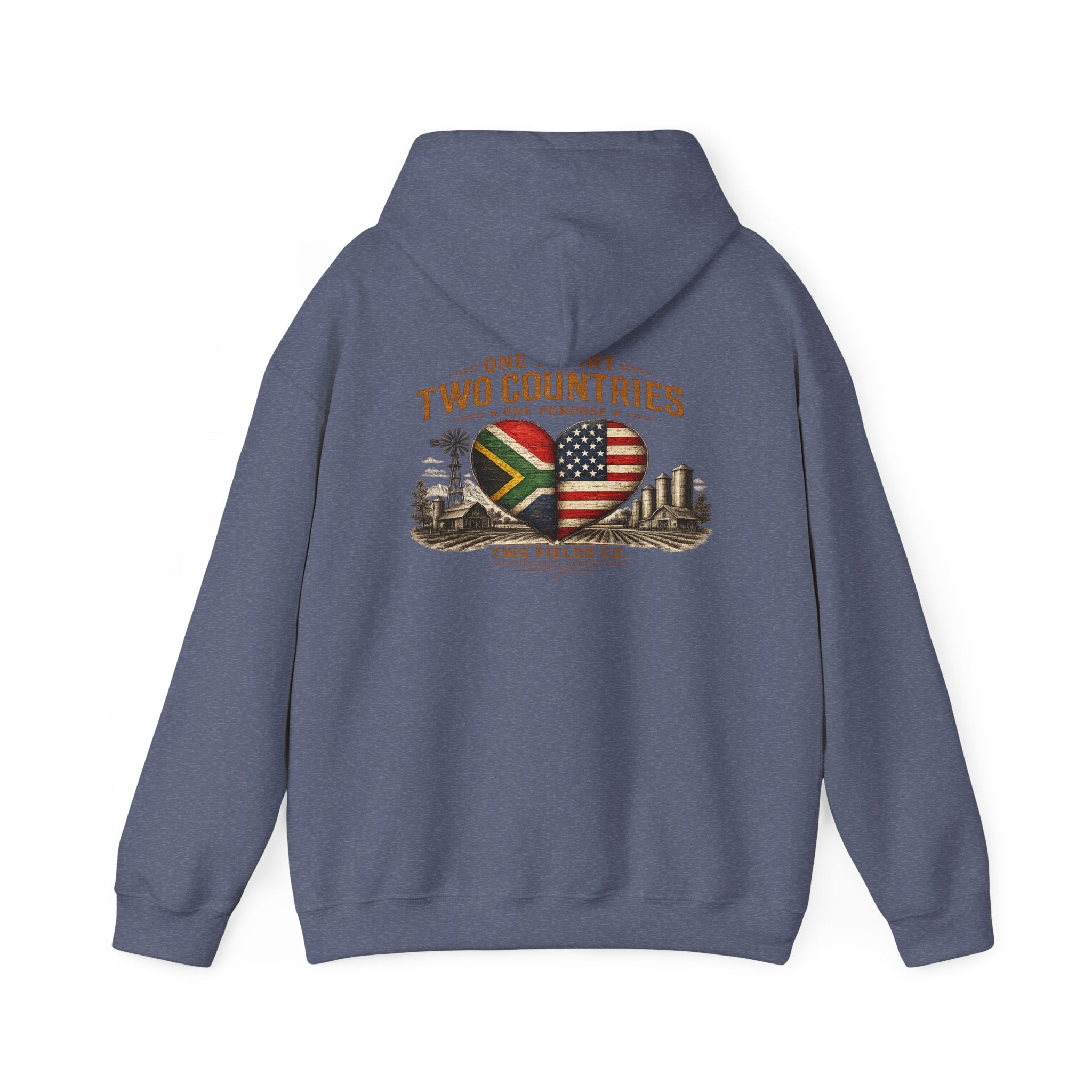 Navy pullover hoodie showing back graphic with heart-shaped flags and “Two Countries” text