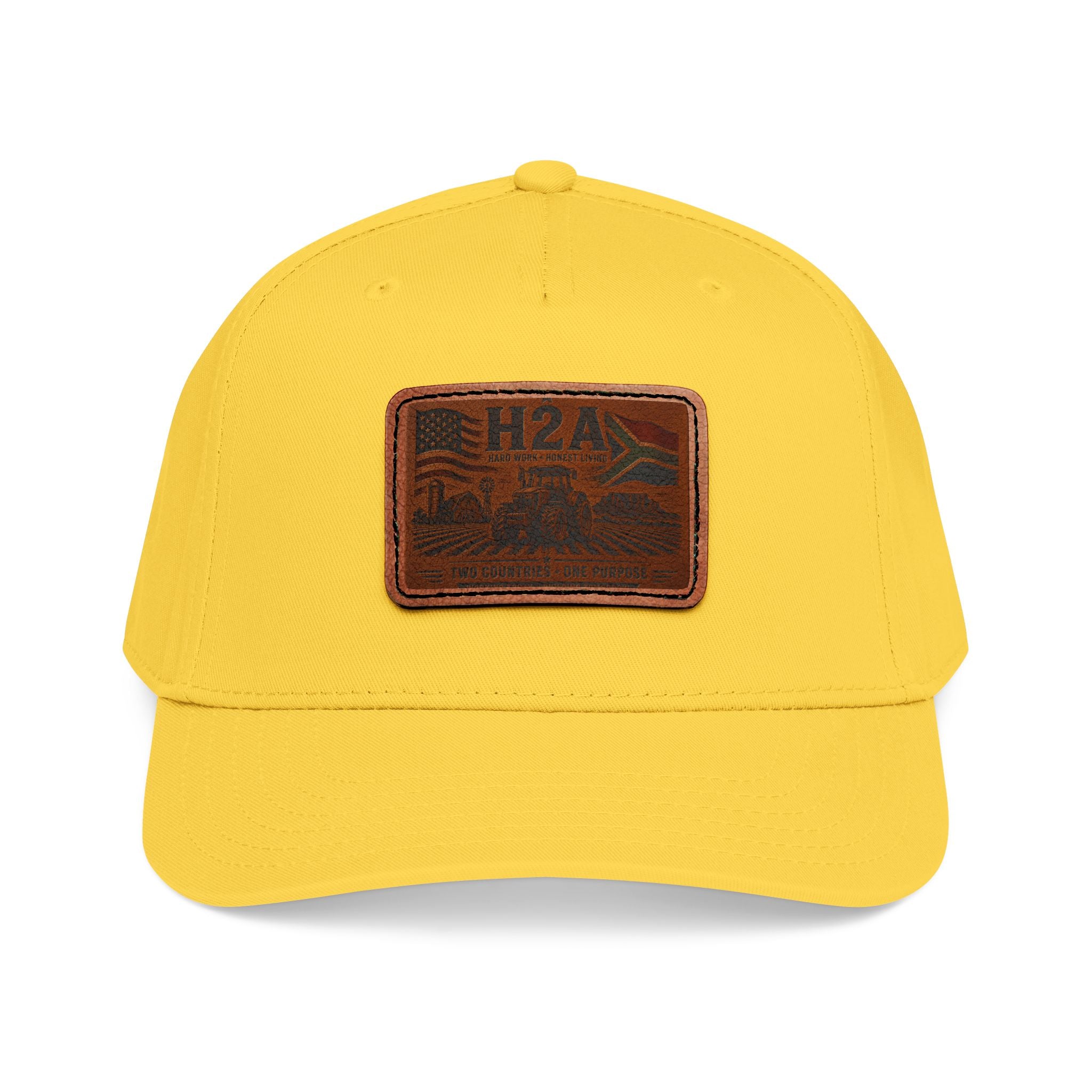 Yellow baseball cap with rectangular H2A logo patch