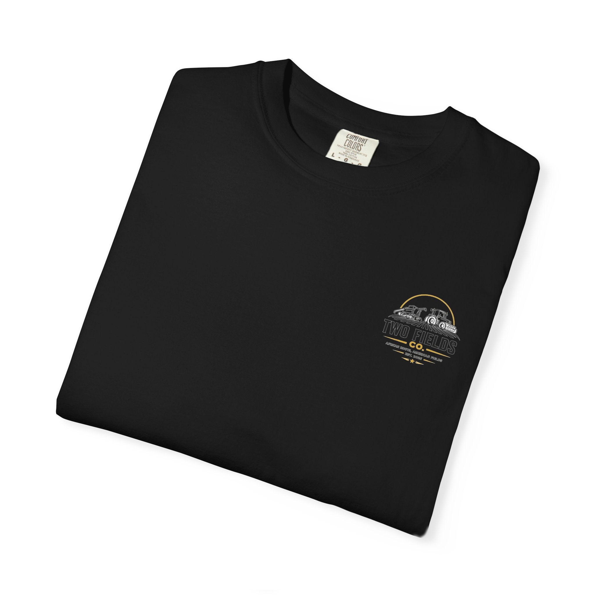Black T-shirt with small chest emblem logo, crew neck, short sleeves.