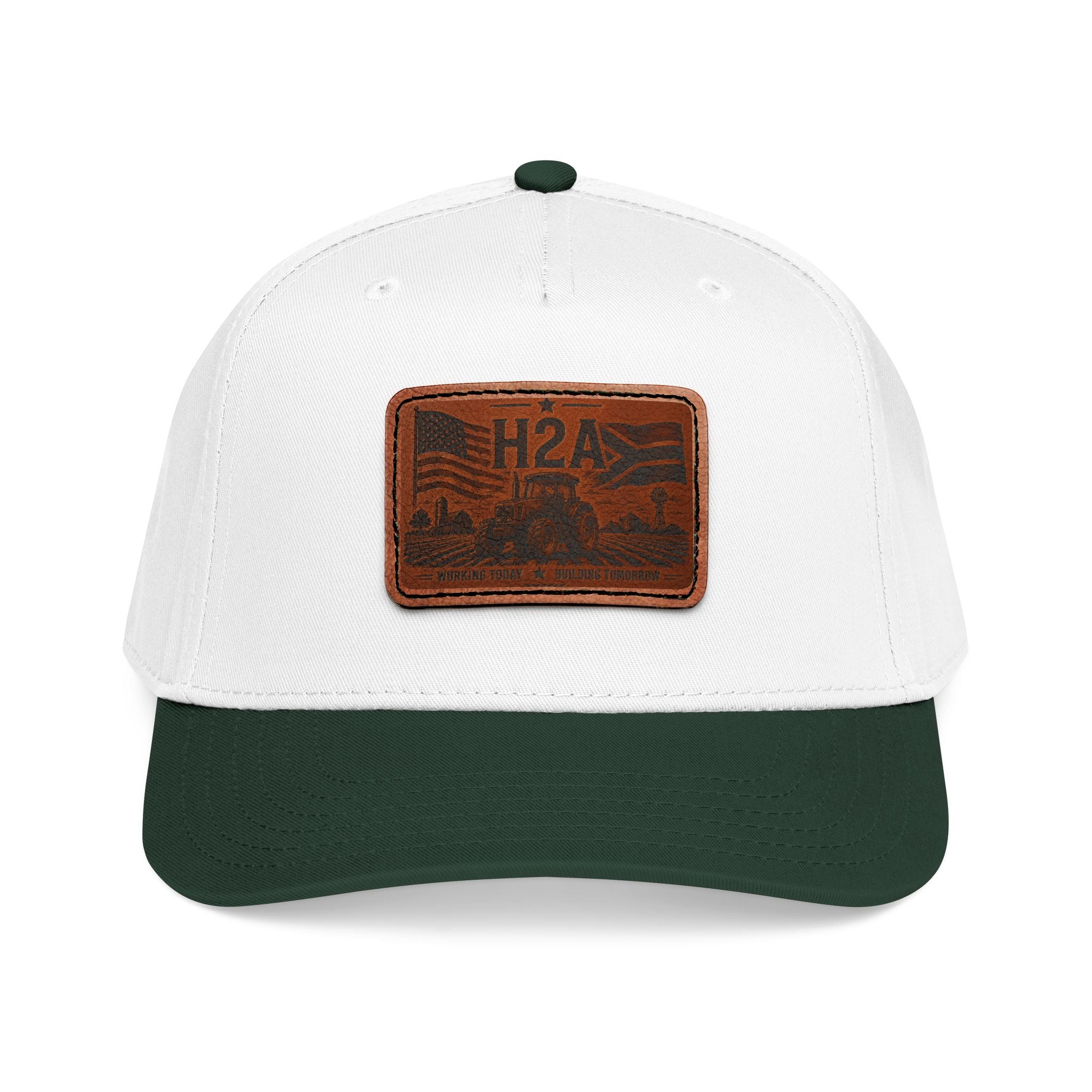 White trucker baseball cap with dark green brim and brown leather-look H2A patch.