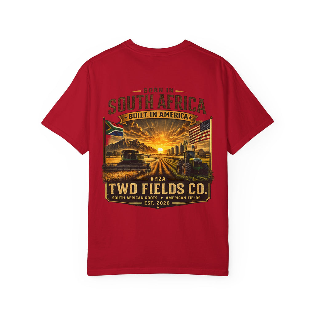 Red graphic T-shirt with large center landscape text print
