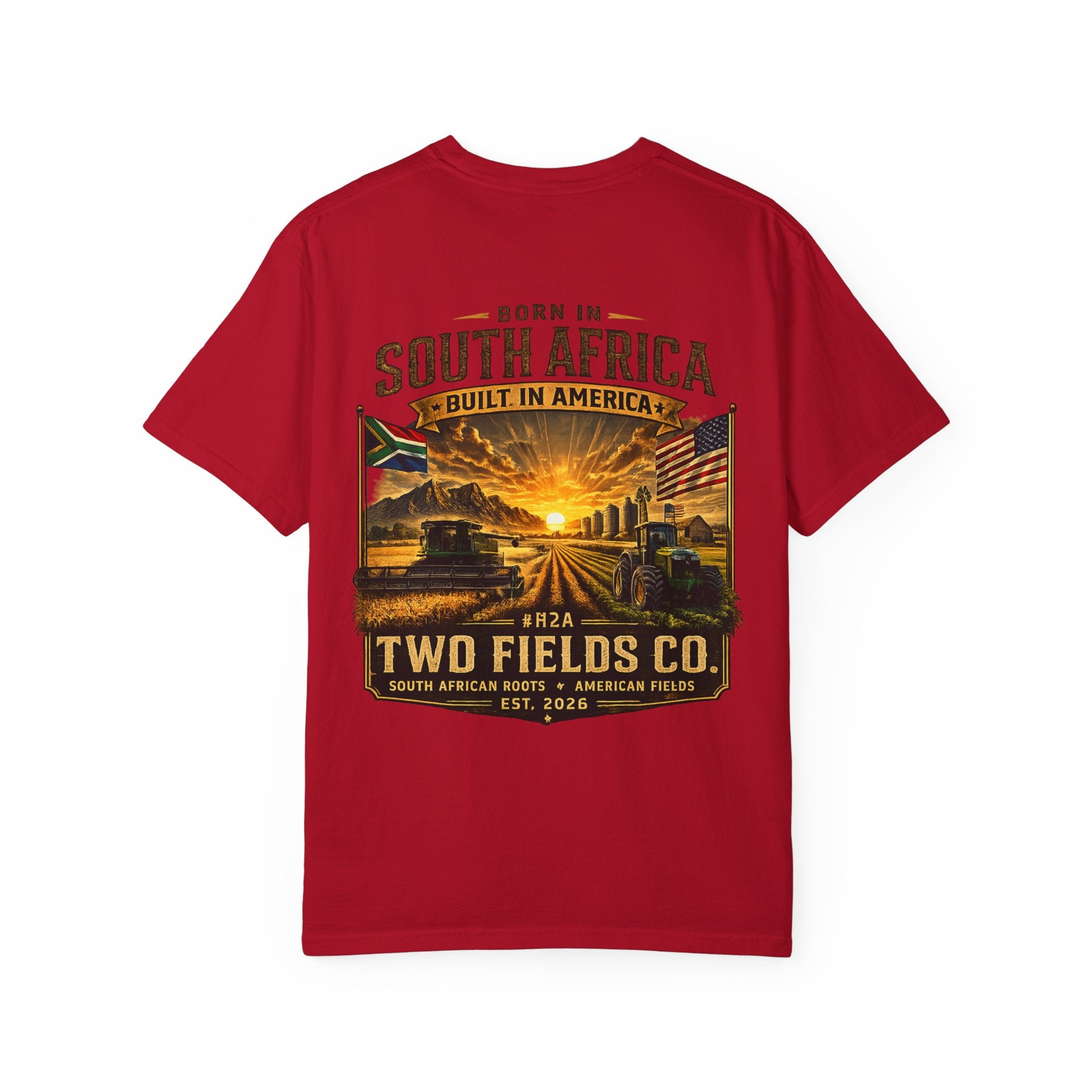 Red graphic T-shirt with large center landscape text print