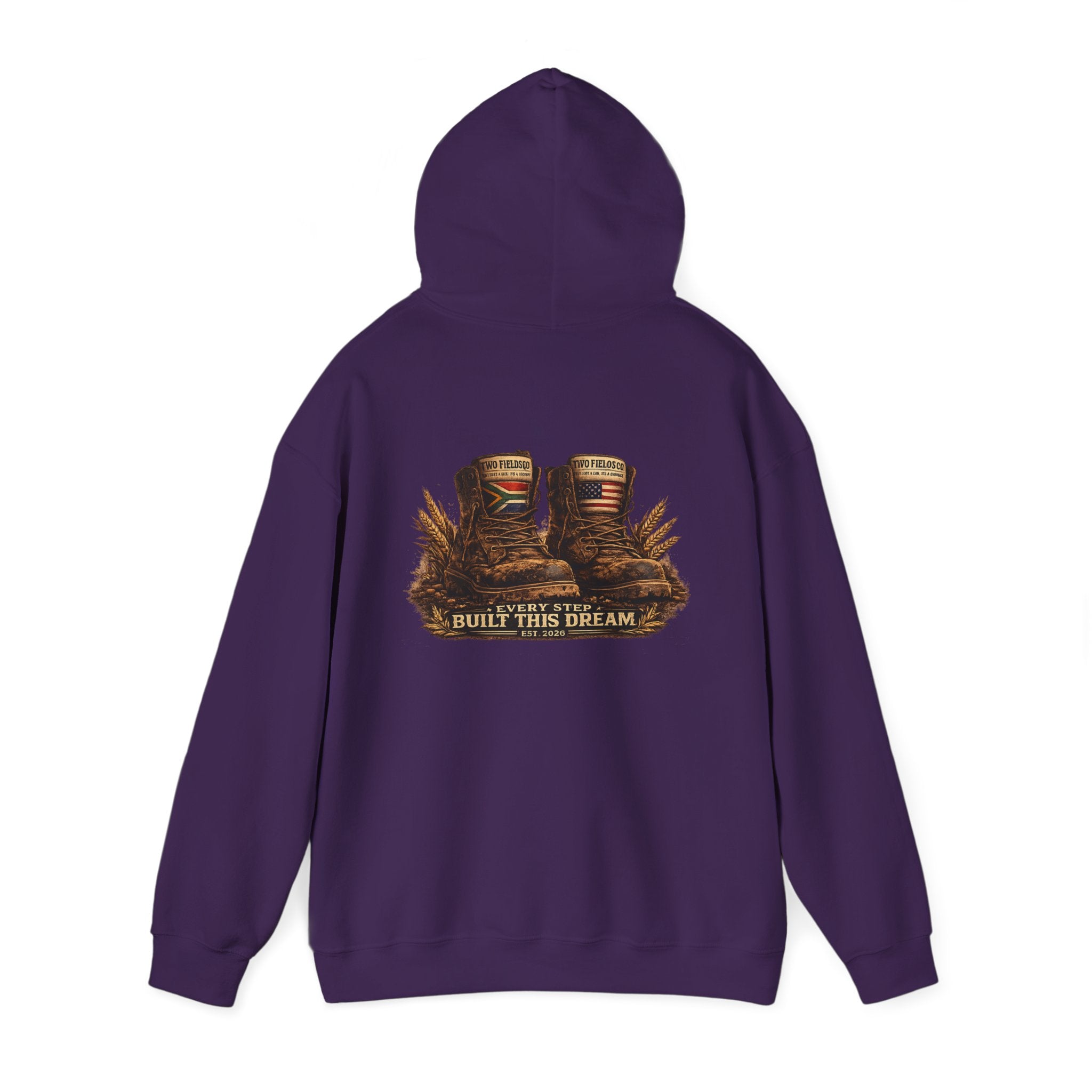 Purple pullover hoodie with hood and large centered back graphic and banner text