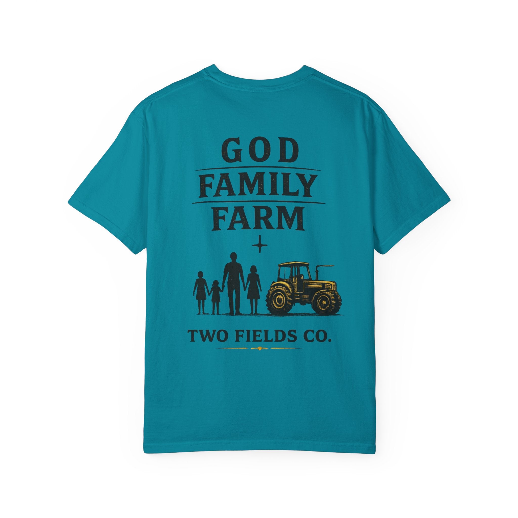 Teal blue T-shirt with 'GOD FAMILY FARM' text, family figures, and tractor graphic