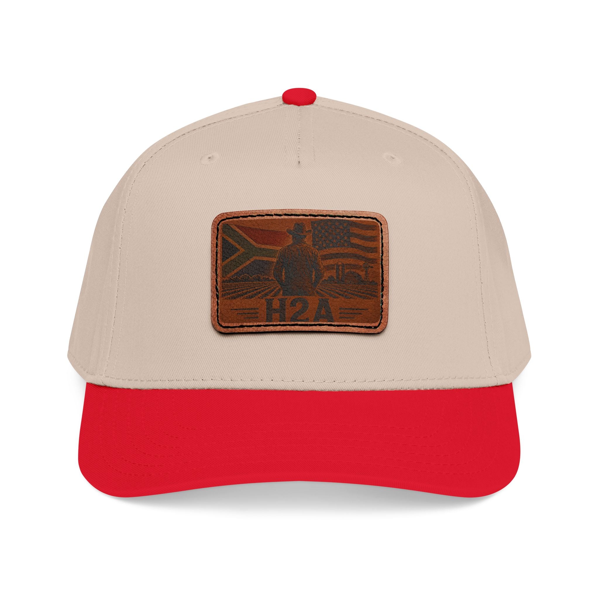 Leather patch baseball cap in cream with red brim and rectangular H2A logo patch