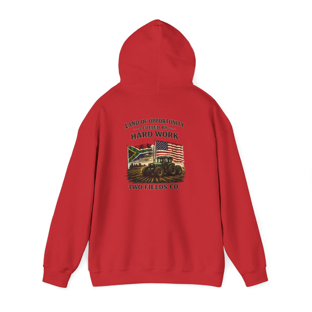 Red vintage tractor hoodie with hood up and back logo graphic with US flag print