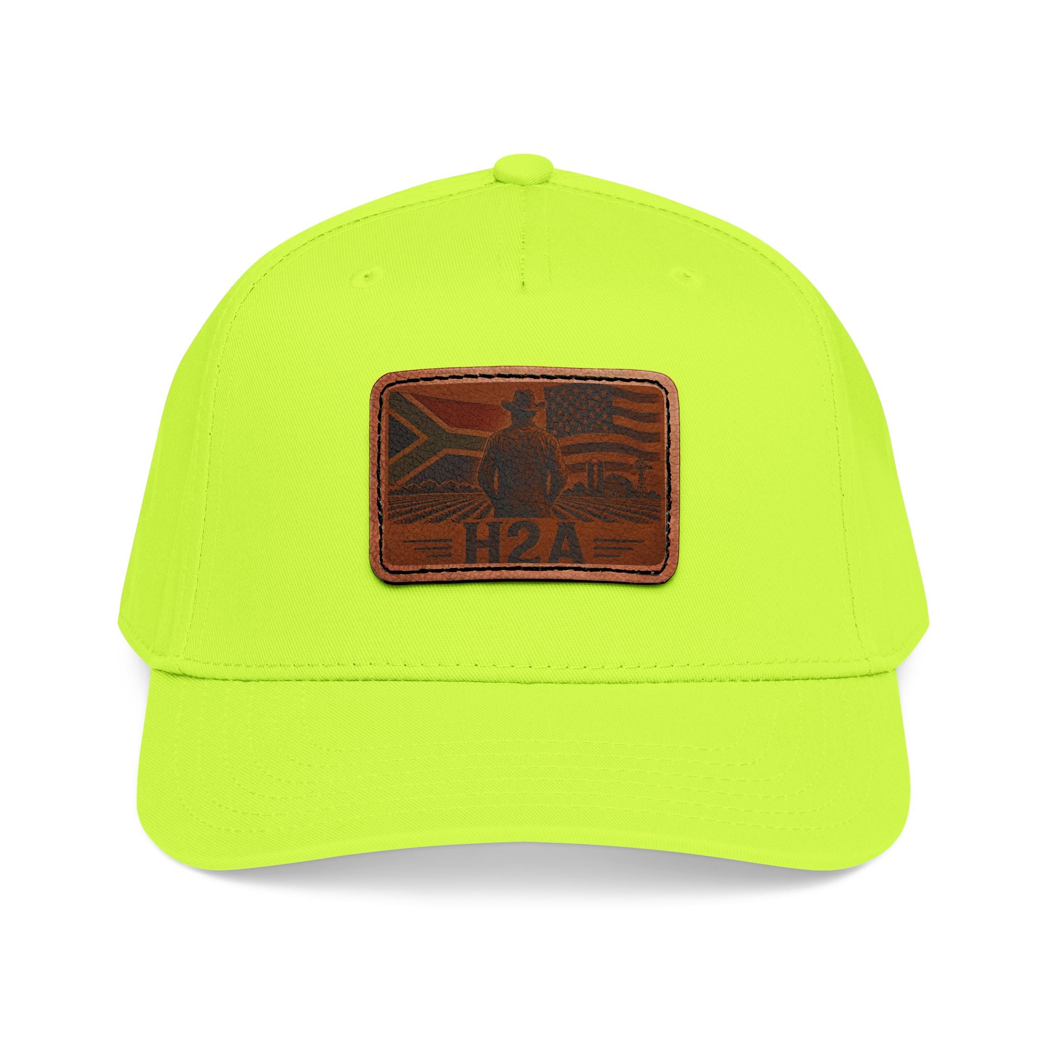 Leather patch baseball cap in neon green with rectangular H2A logo patch