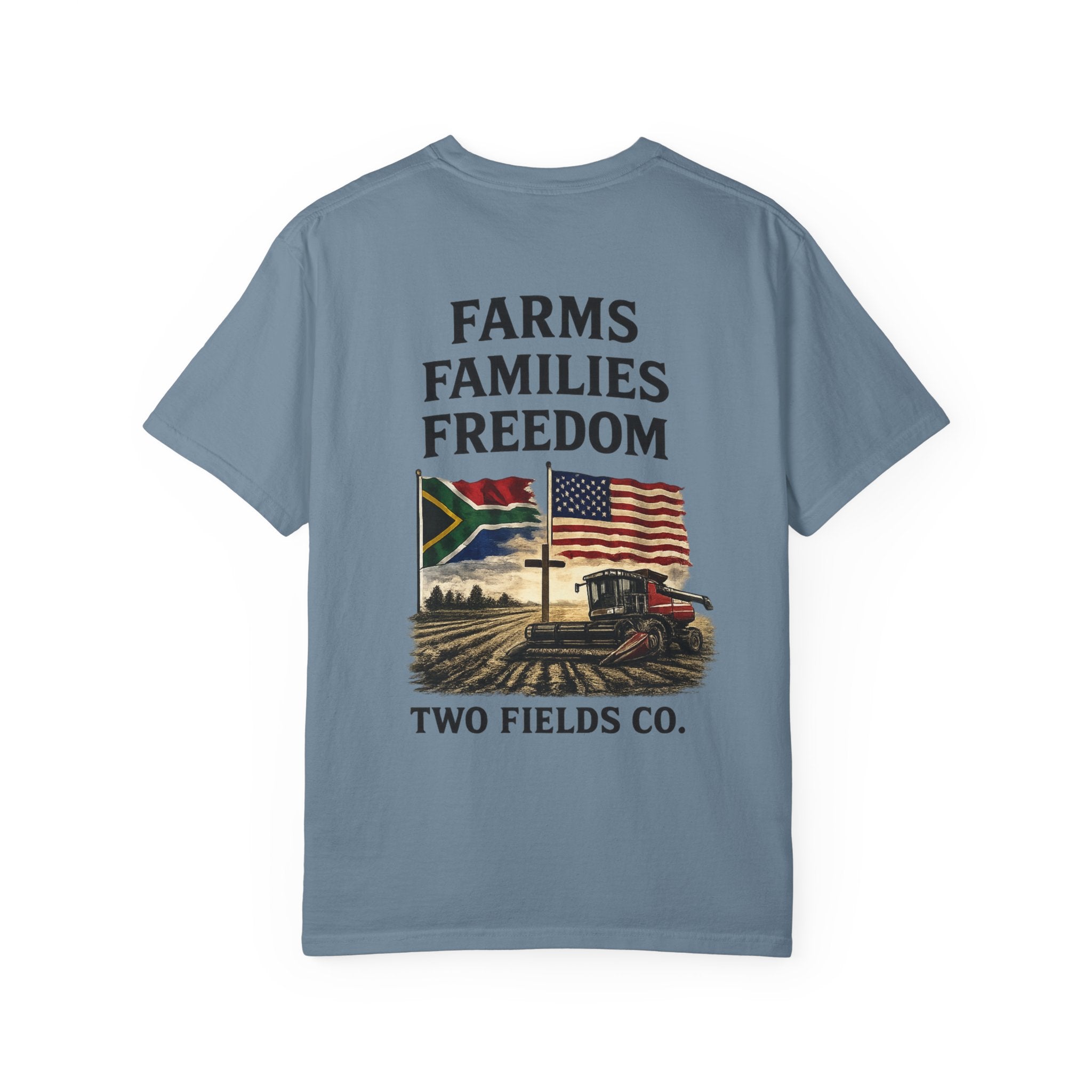 Blue T-shirt with large Farms Families Freedom tractor graphic