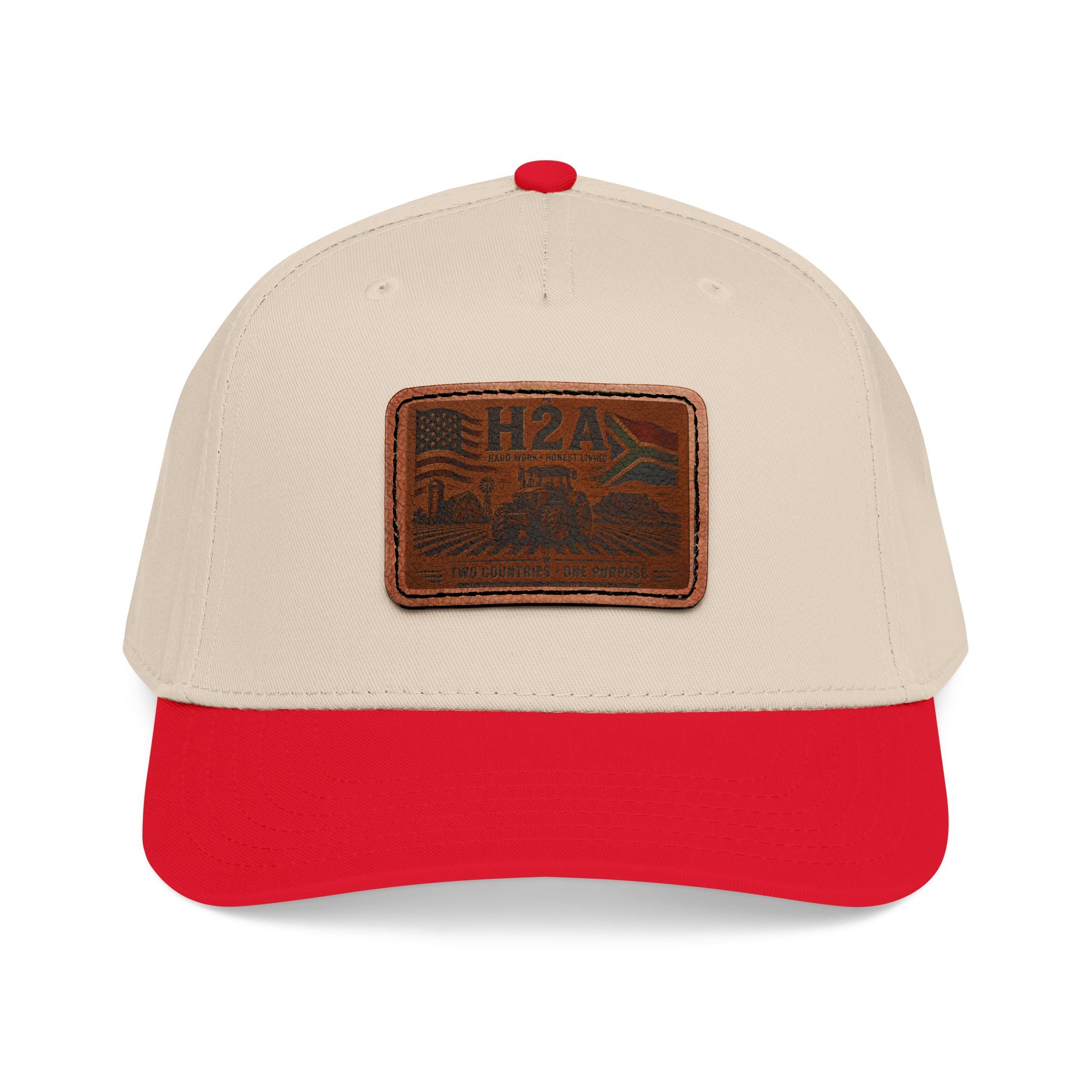 Two-tone baseball cap with rectangular H2A patch, cream crown and red brim.