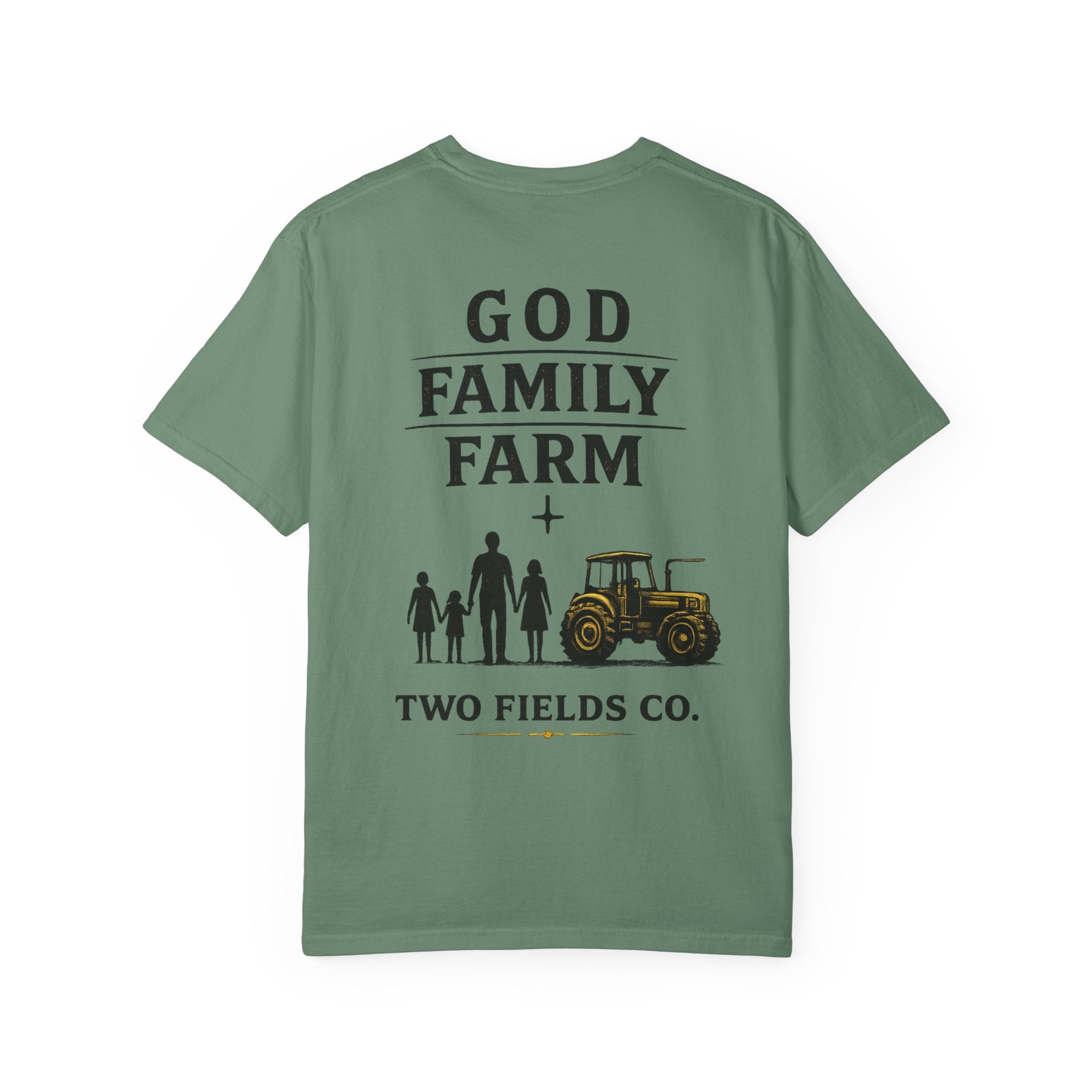 Green farm graphic t-shirt with “GOD FAMILY FARM” text and tractor family illustration