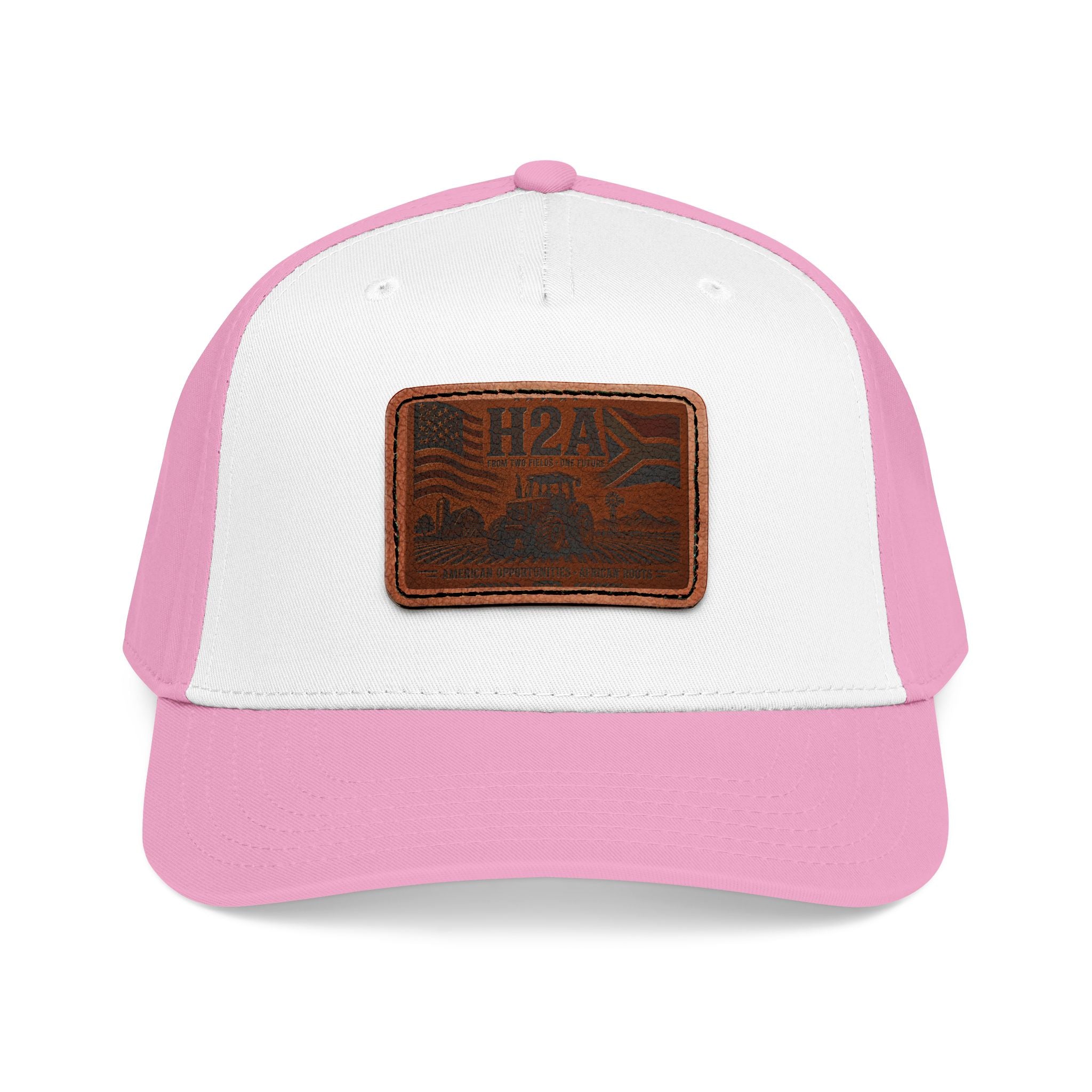 Baseball cap with pink crown and brim, rectangular leather H2A patch logo