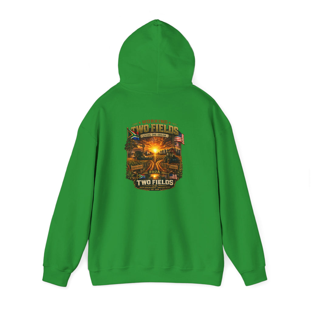 Green pullover hoodie with front pocket and hood; back square scenic farm sunset graphic