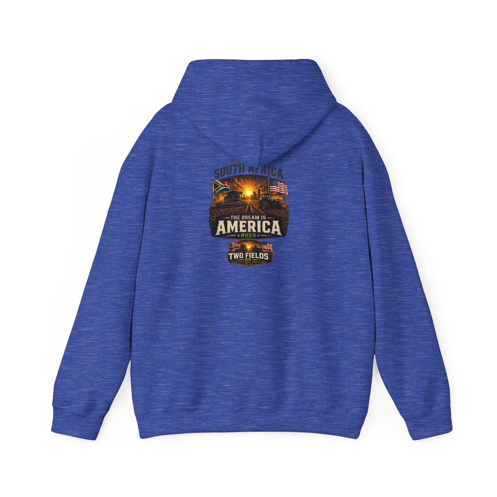 Heather purple-blue hoodie with hood and printed travel graphic on back
