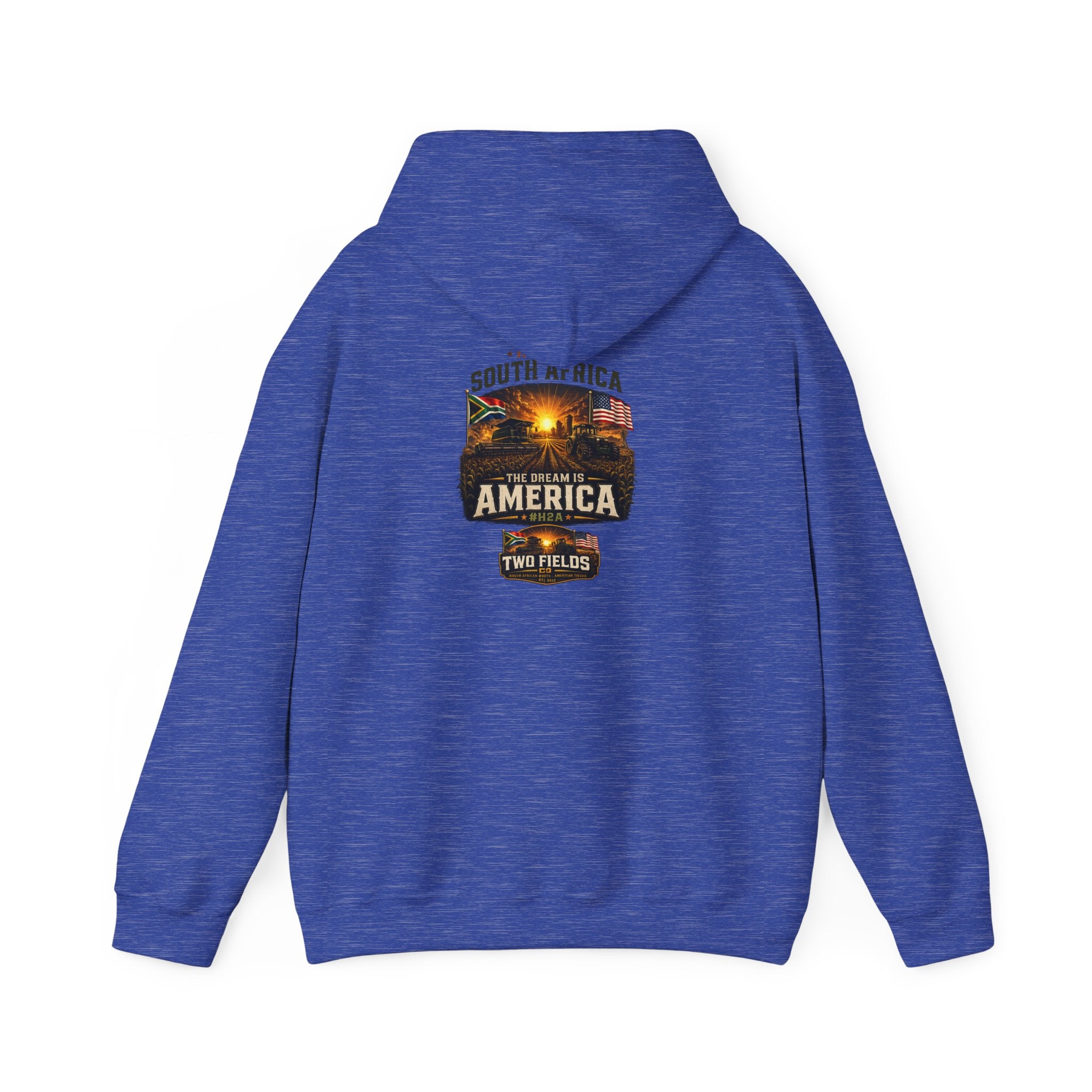 Heather purple-blue hoodie with hood and printed travel graphic on back