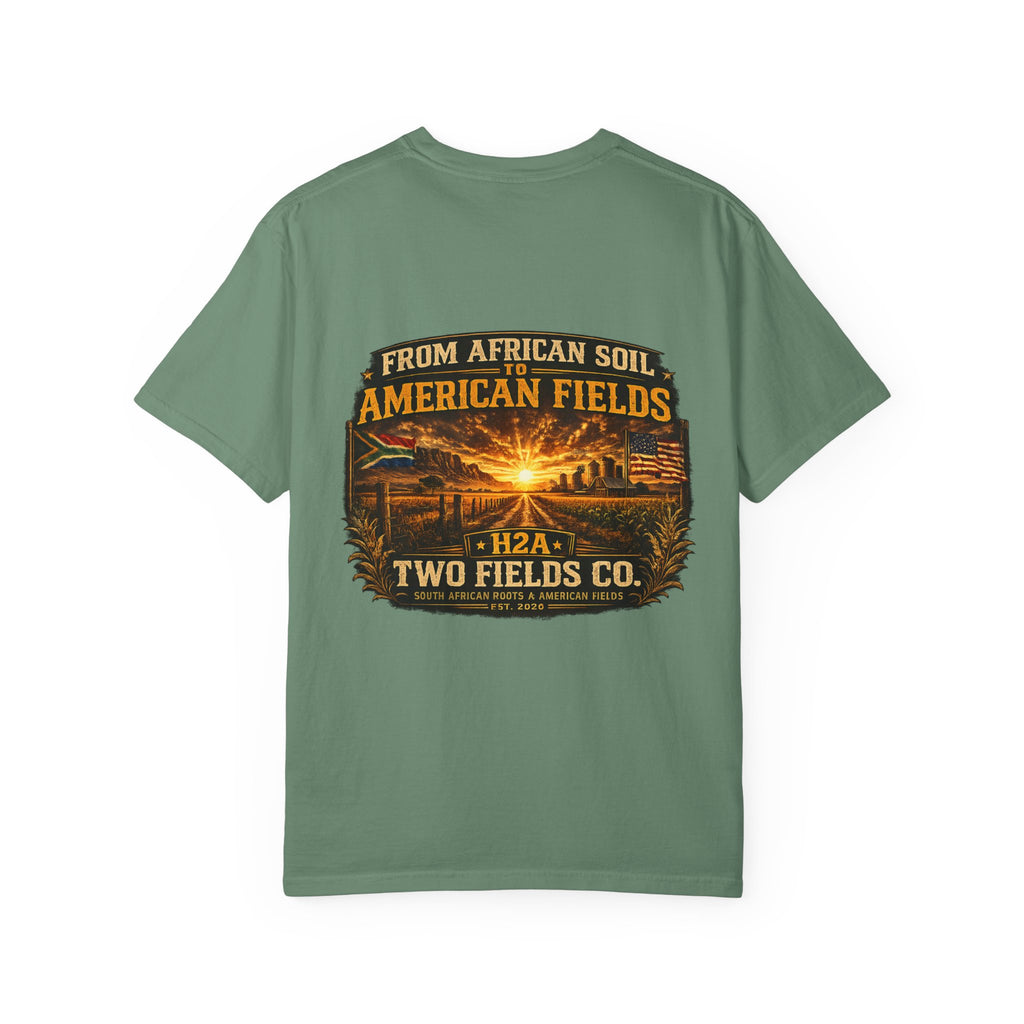 Olive short-sleeve T-shirt with vintage farm sunset “From African Soil to American Fields” graphic