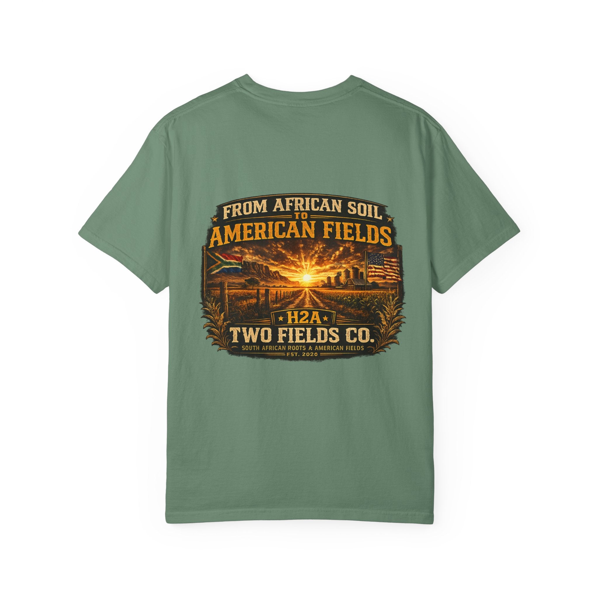 Olive short-sleeve T-shirt with vintage farm sunset “From African Soil to American Fields” graphic