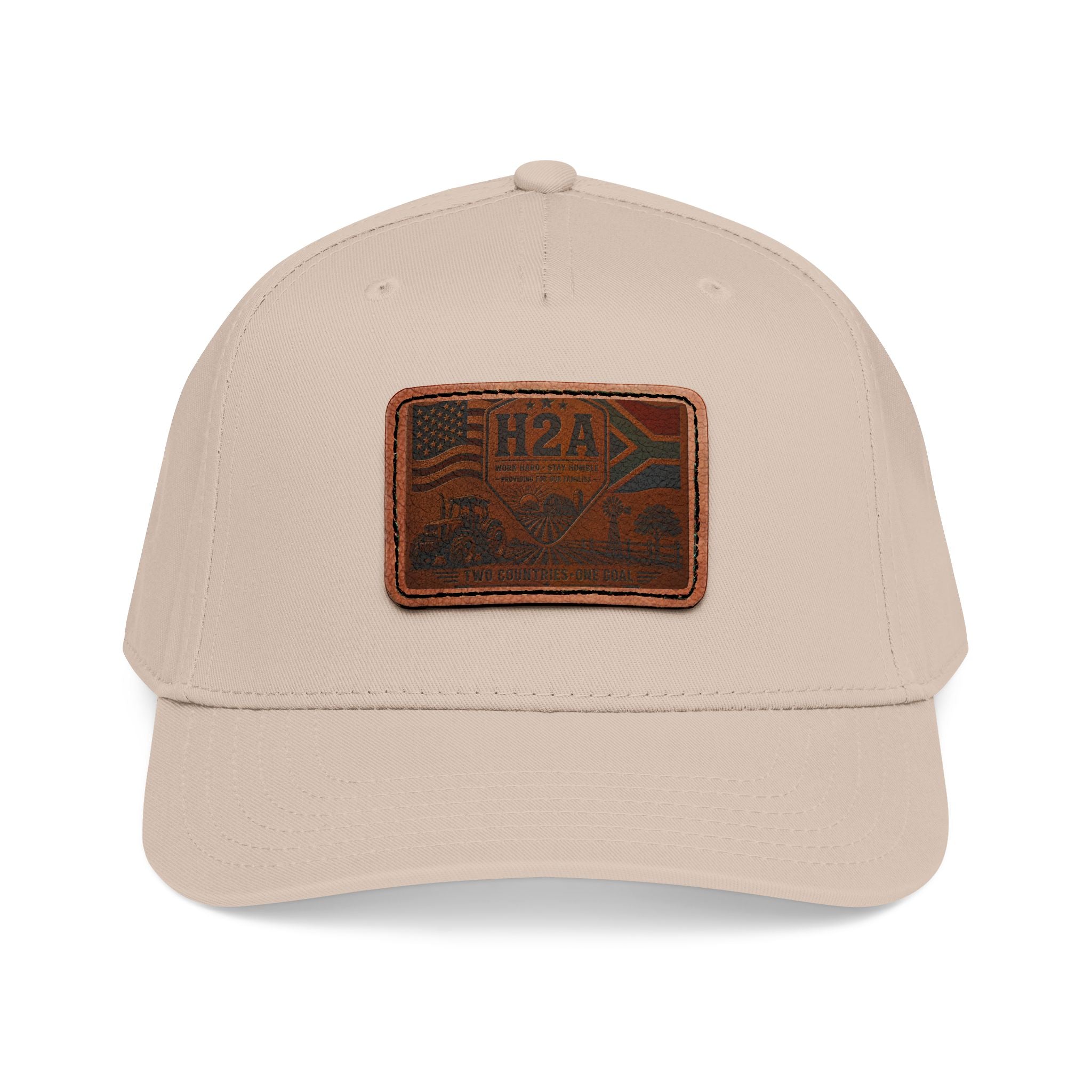 Leather patch baseball cap, light tan crown and brim, H2A flag rectangle patch