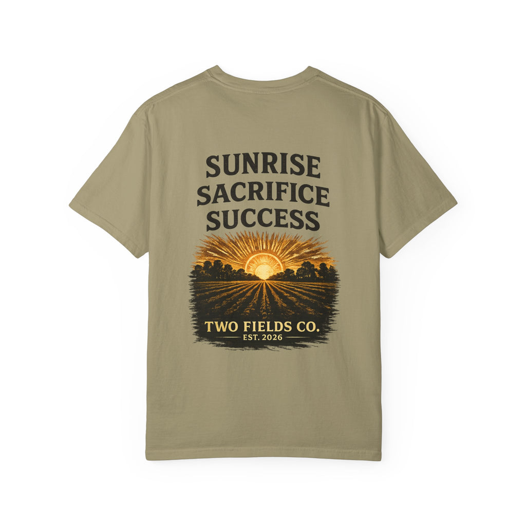 Olive green crewneck graphic T-shirt with “SUNRISE SACRIFICE SUCCESS” front print