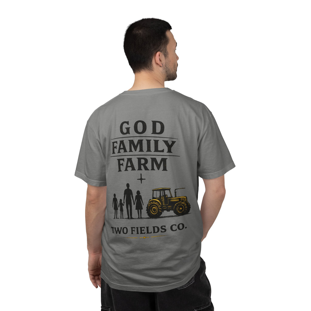 Grey crewneck T-shirt on model with back God Family Farm + tractor family graphic