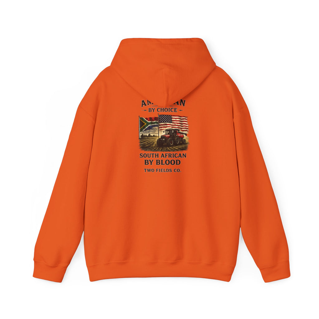 Orange hoodie with back graphic text and multicolor flag print