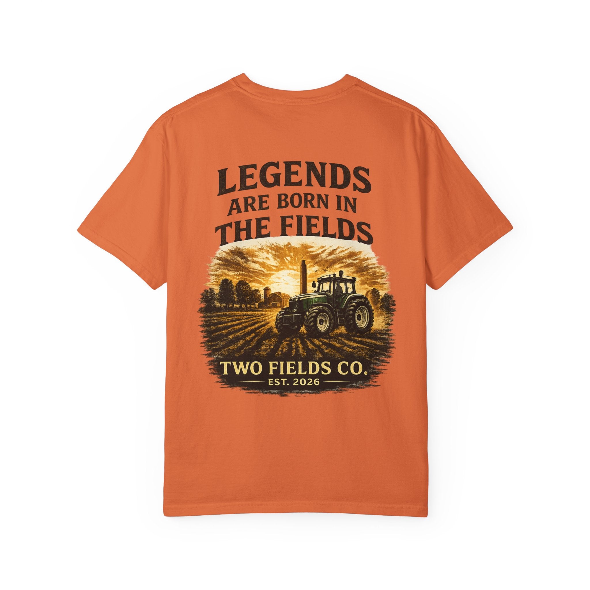 Burnt orange t-shirt with tractor field graphic and 'Legends are born in the fields'