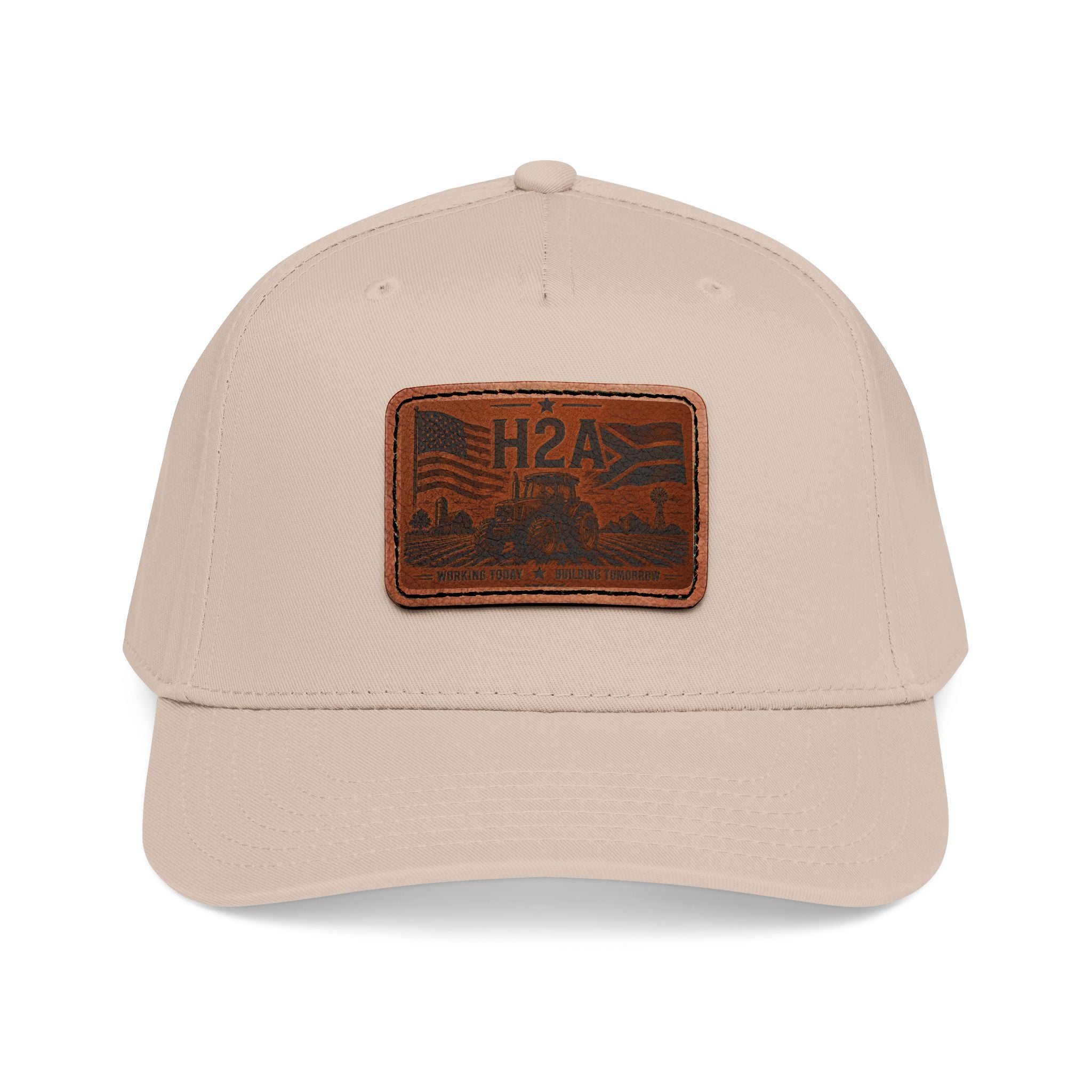 Leather patch baseball cap, light beige one-piece design with rectangle H2A patch