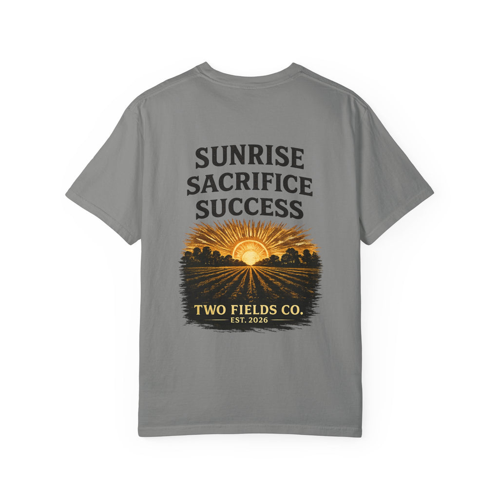 Grey T-shirt with Sunrise Sacrifice Success sunrise graphic and Two Fields Co badge