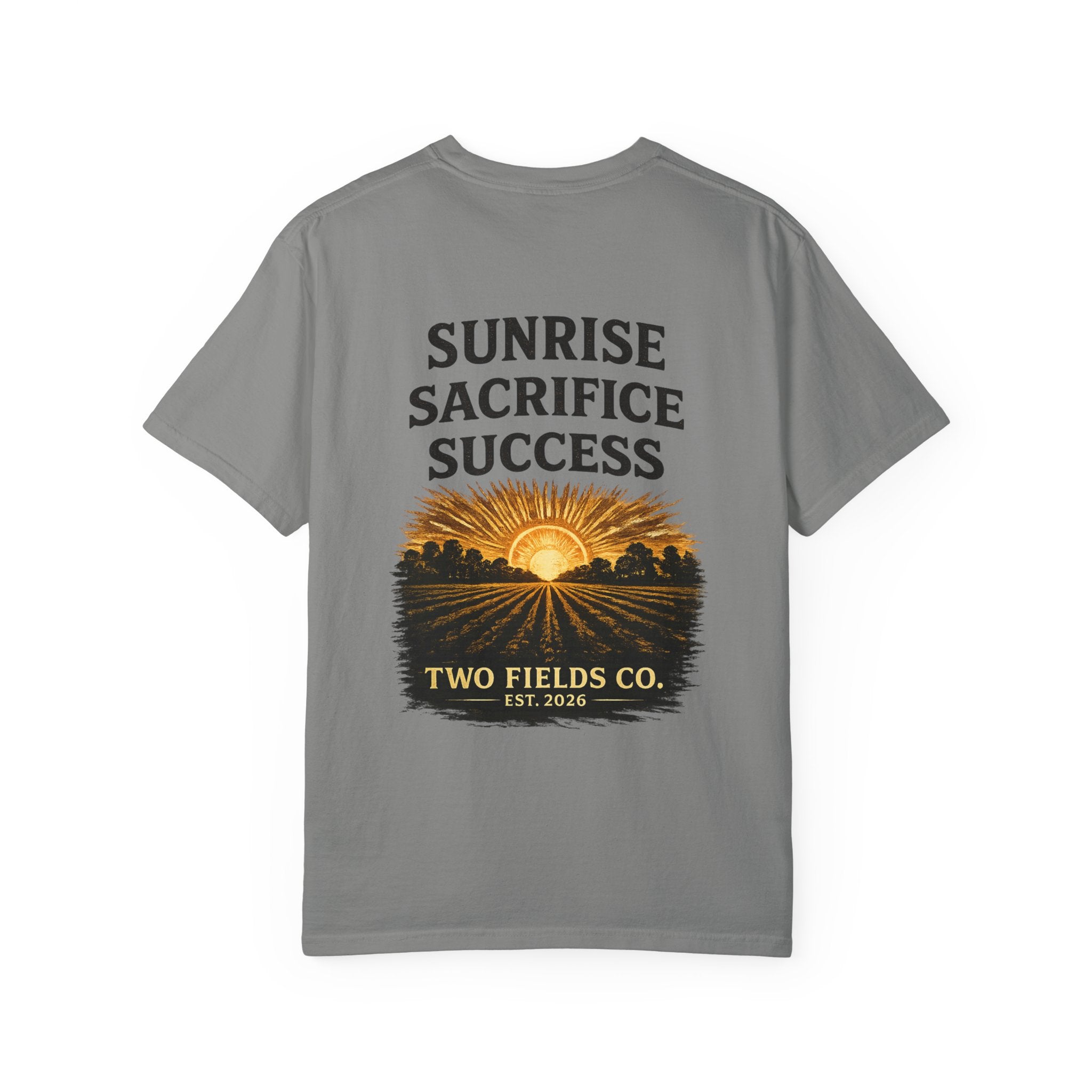 Grey T-shirt with Sunrise Sacrifice Success sunrise graphic and Two Fields Co badge