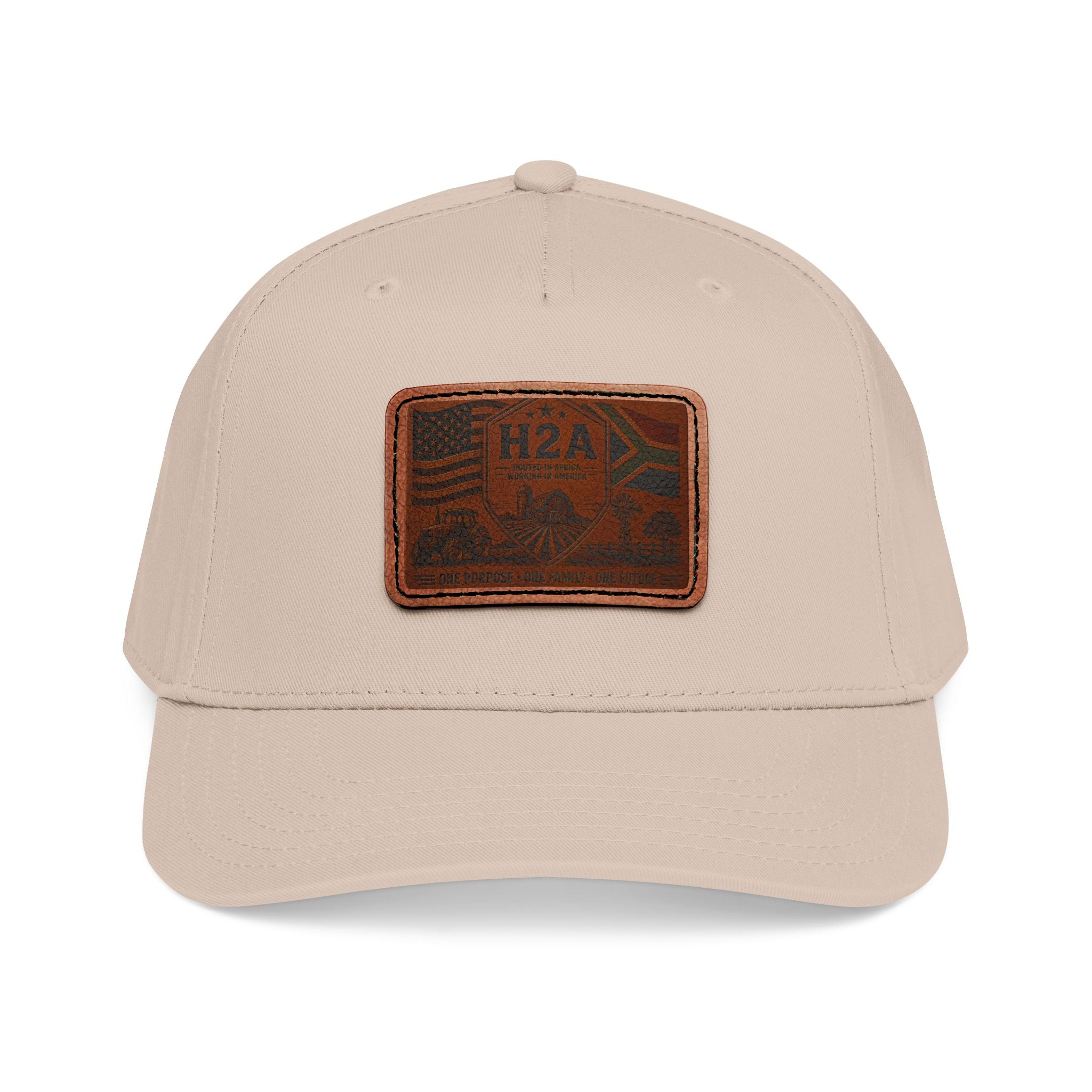 Light beige leather patch baseball cap with rectangular H2A flag design