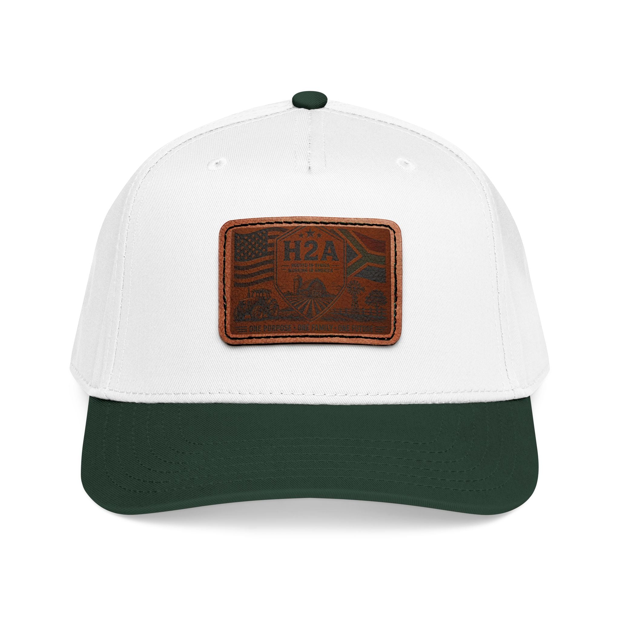 White baseball cap with dark green brim and rectangular H2A flag patch