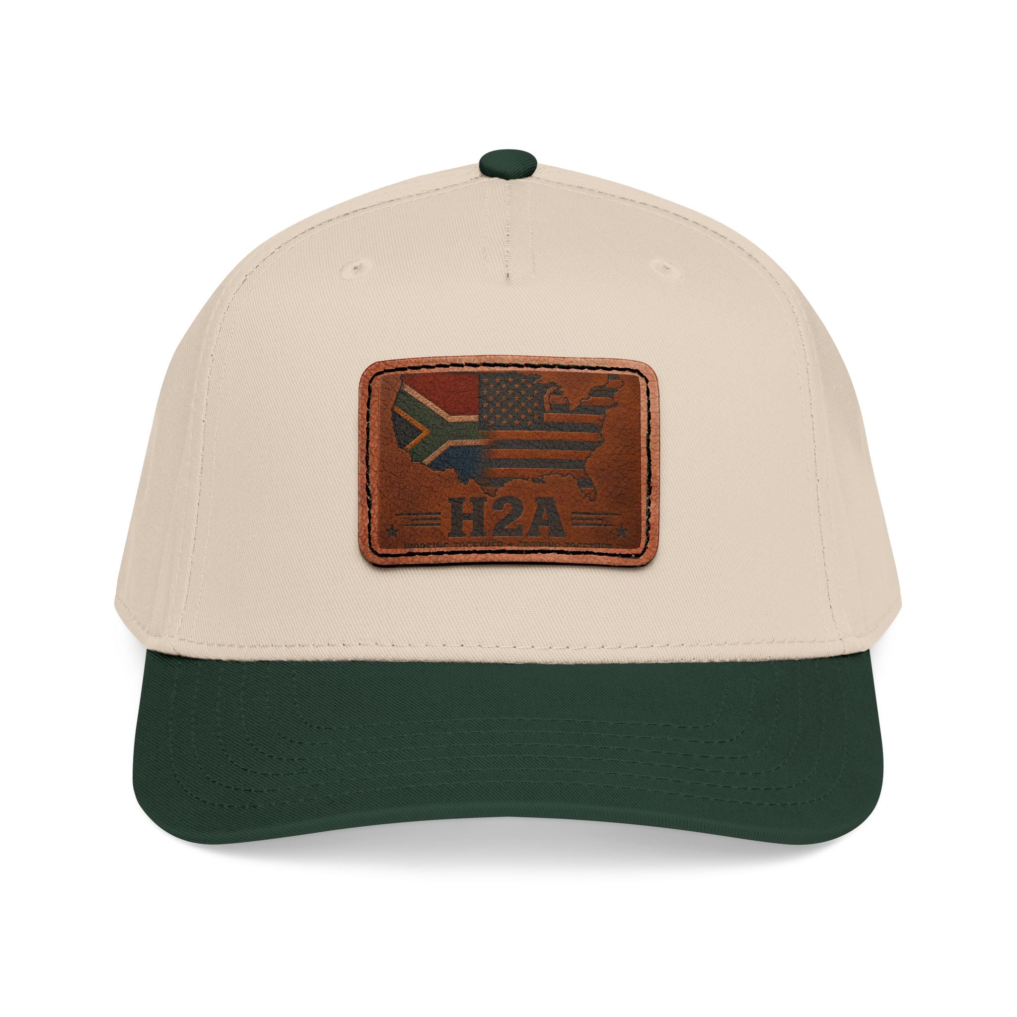 Beige baseball cap with dark green brim and light brown rectangular H2A flag leather patch