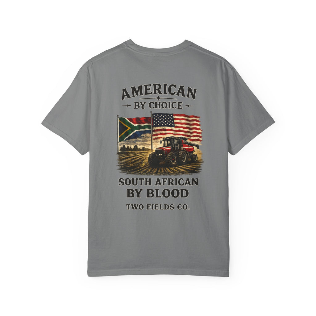 Dark gray T-shirt with large front graphic featuring flags and text