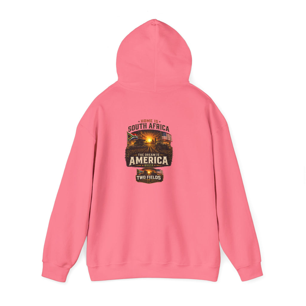 Safety pink pullover hoodie with back graphic print centered under hood, rear view
