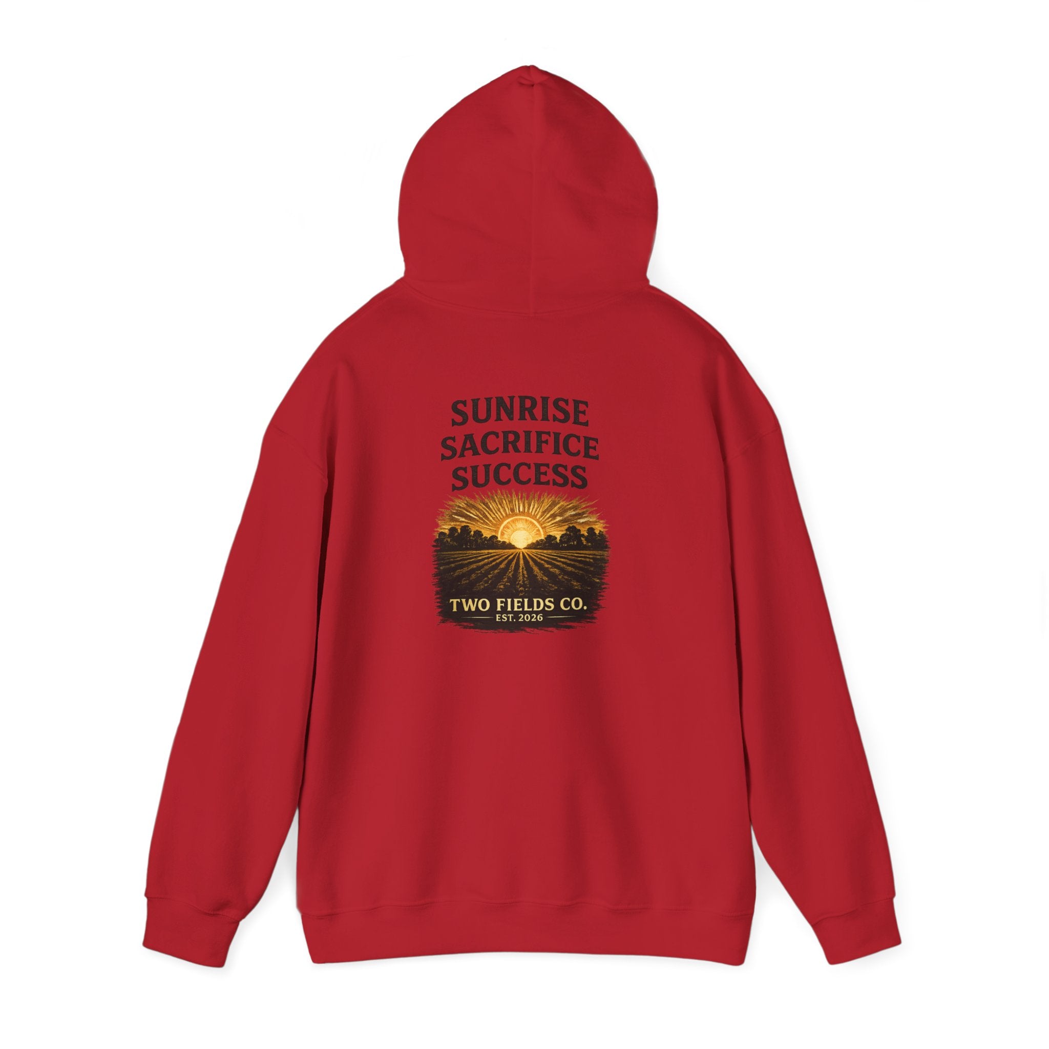 Red hooded sweatshirt, back 'Sunrise Sacrifice Success' text with sunrise graphic